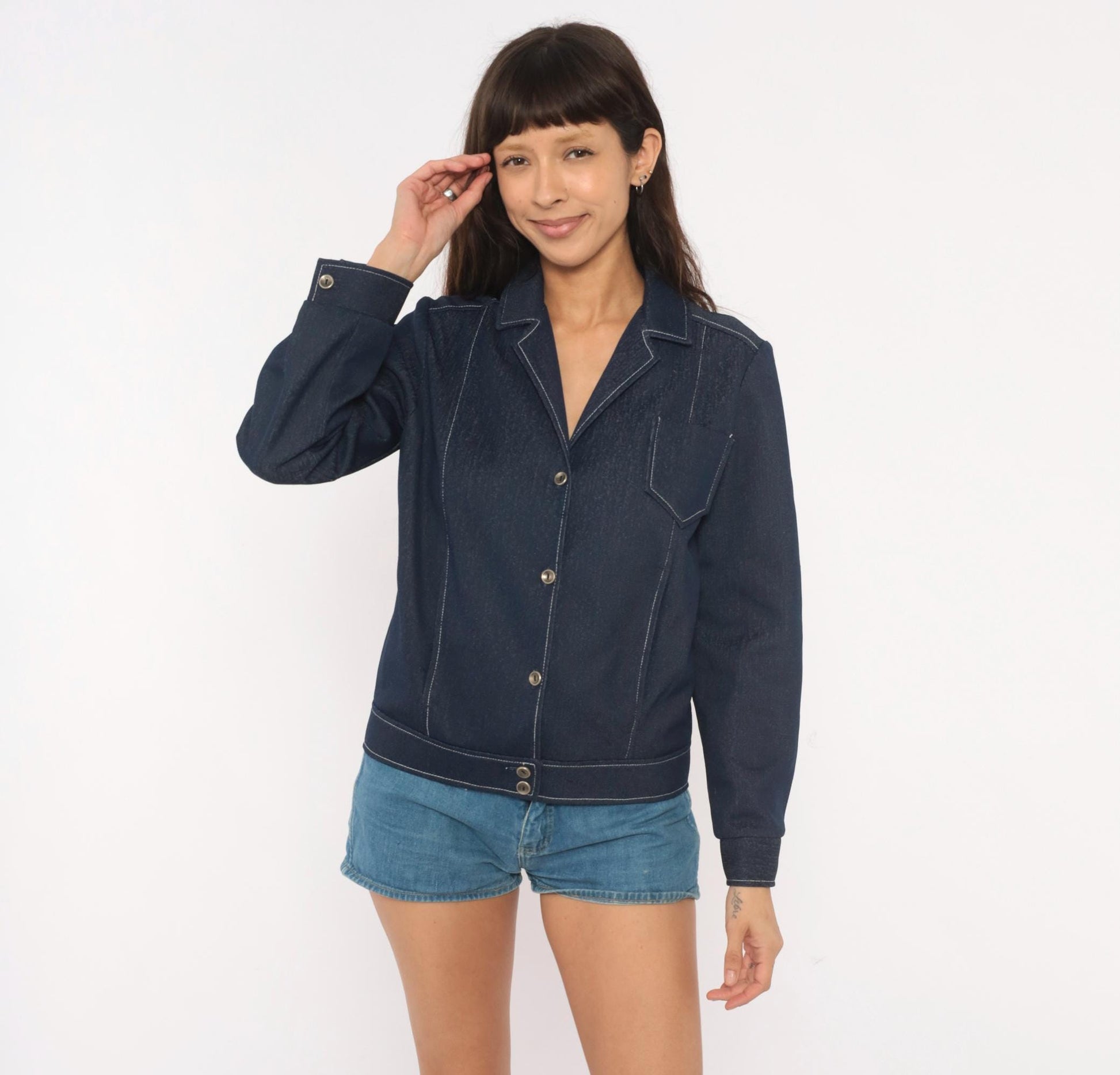 70s KokoKnits Denim Jacket Navy Snap Button Blazer Medium