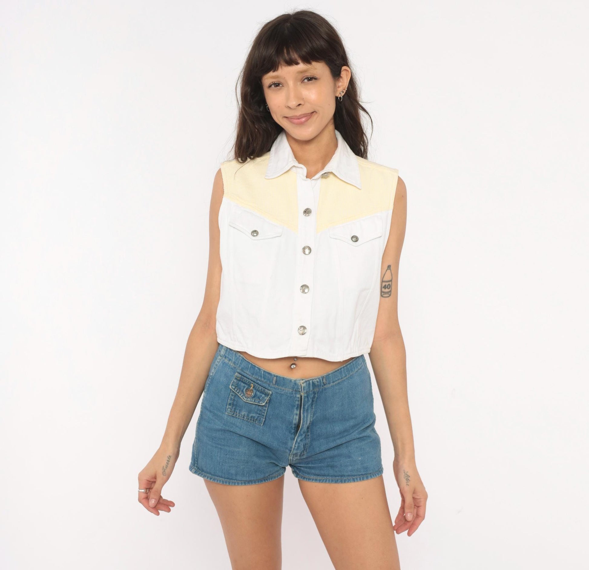 90s Ozark Western Crop Vest White Yellow Gingham Cotton Concho Medium M