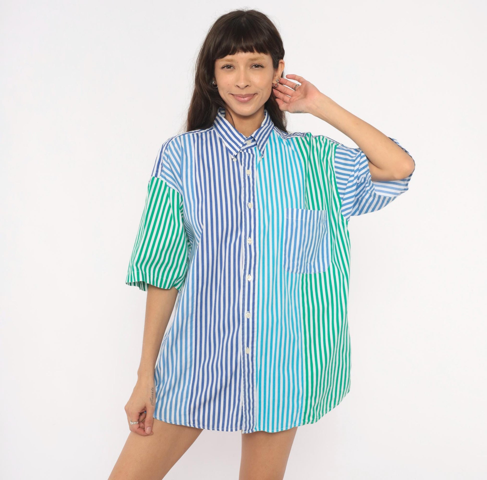 90s Van Heusen Multi-Stripe Patchwork Cotton Button-Up Shirt Large L