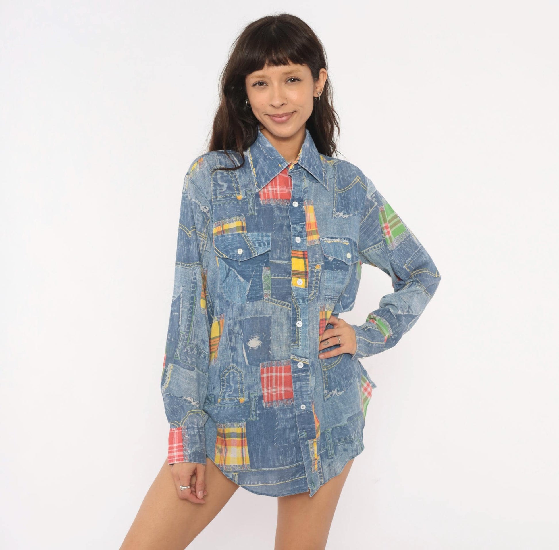 70s Permanent Press Patchwork Denim Print Shirt Madras Plaid Blue Yellow Medium
