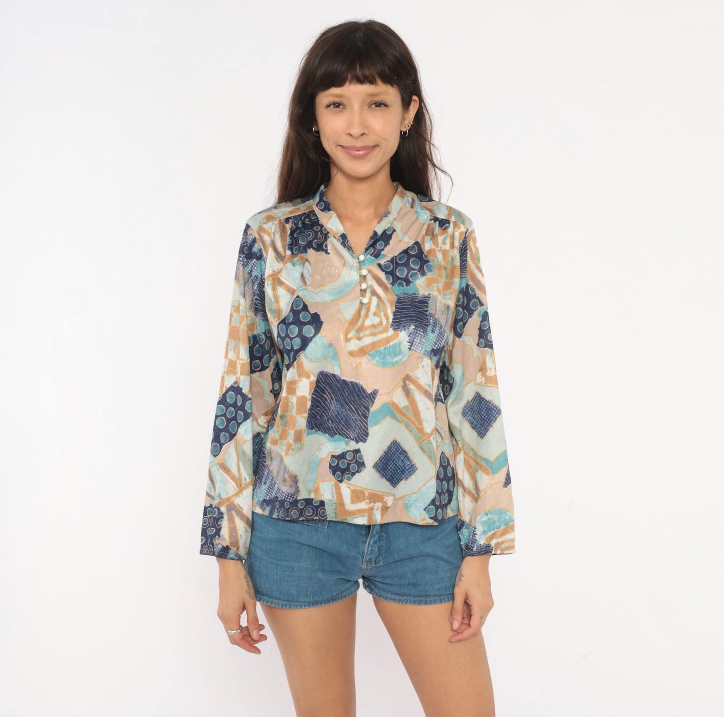 70s Village Fair Abstract Patchwork Blouse Geometric Print Teal Medium