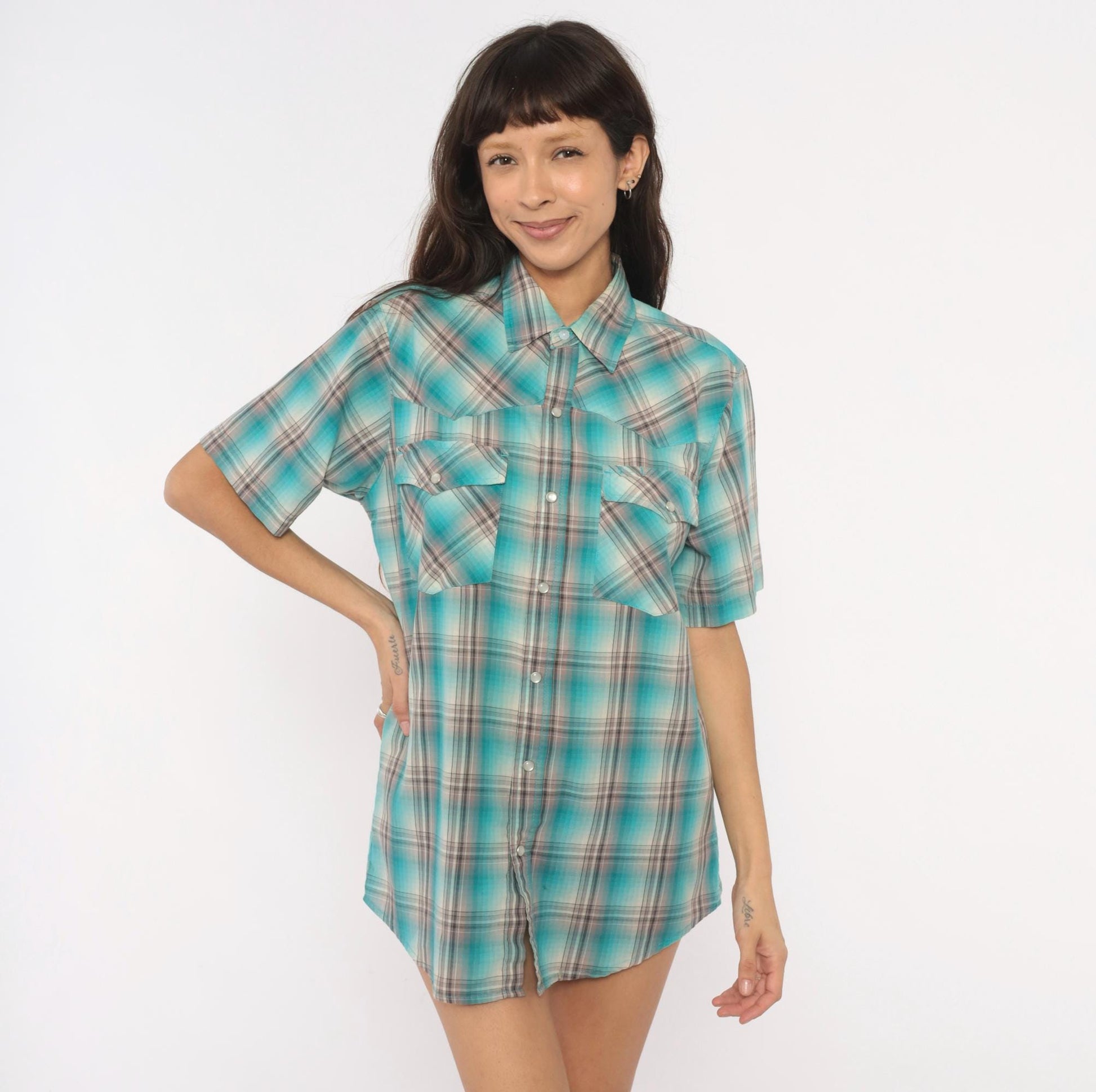 Y2K Rustic Ridge Western Plaid Snap Shirt Teal Grey Medium M