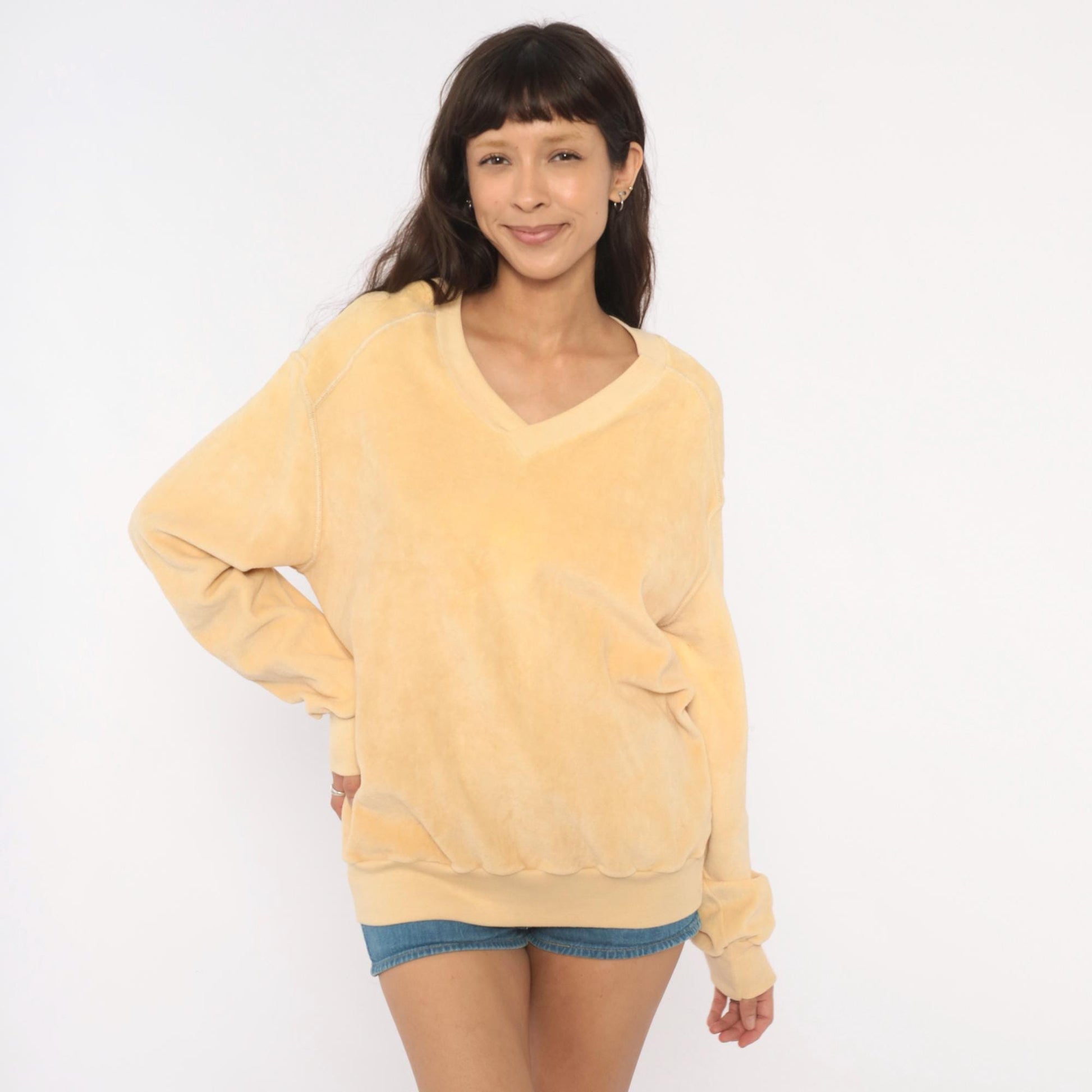 80s Admit One Velour Sweatshirt Cream Raglan V-Neck Extra Large XL