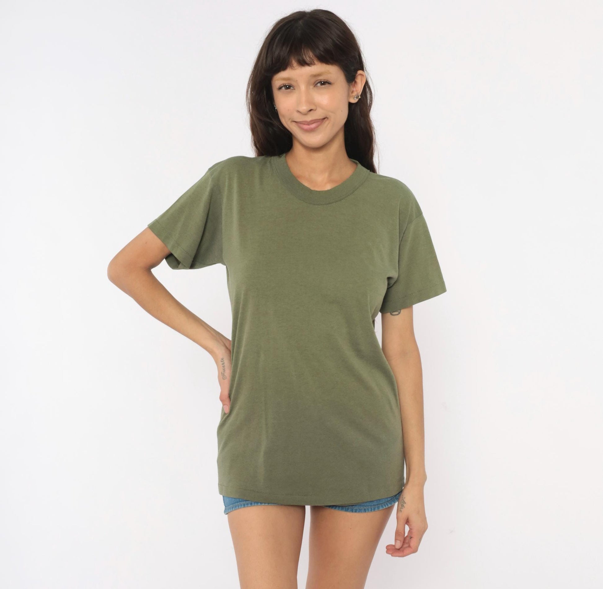 80s Olive Green Cotton Crew Neck Tee Blank Plain Unisex Medium