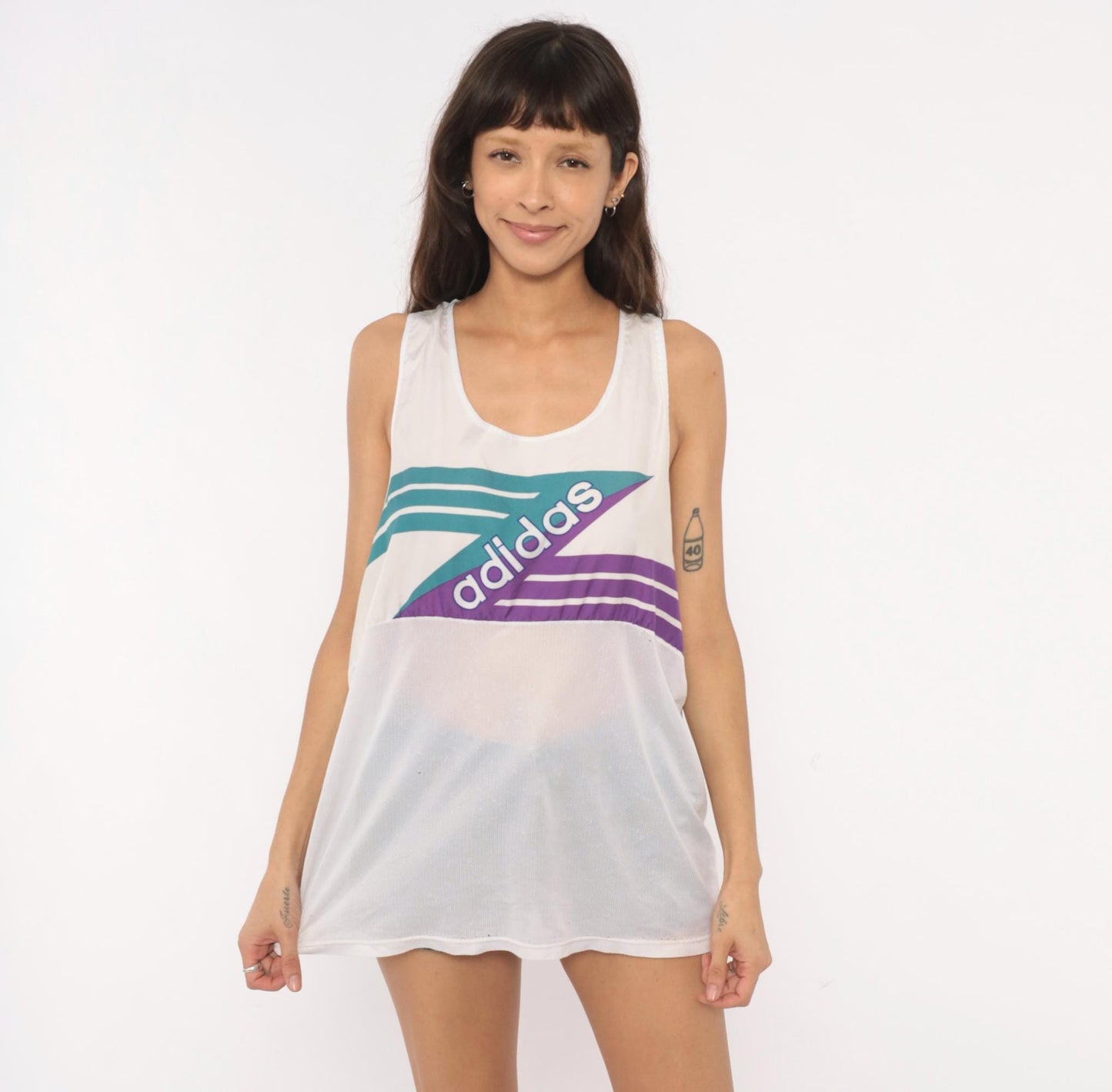 90s Adidas Tank Top White Teal Purple Mesh Athletic Sleeveless Extra Large XL