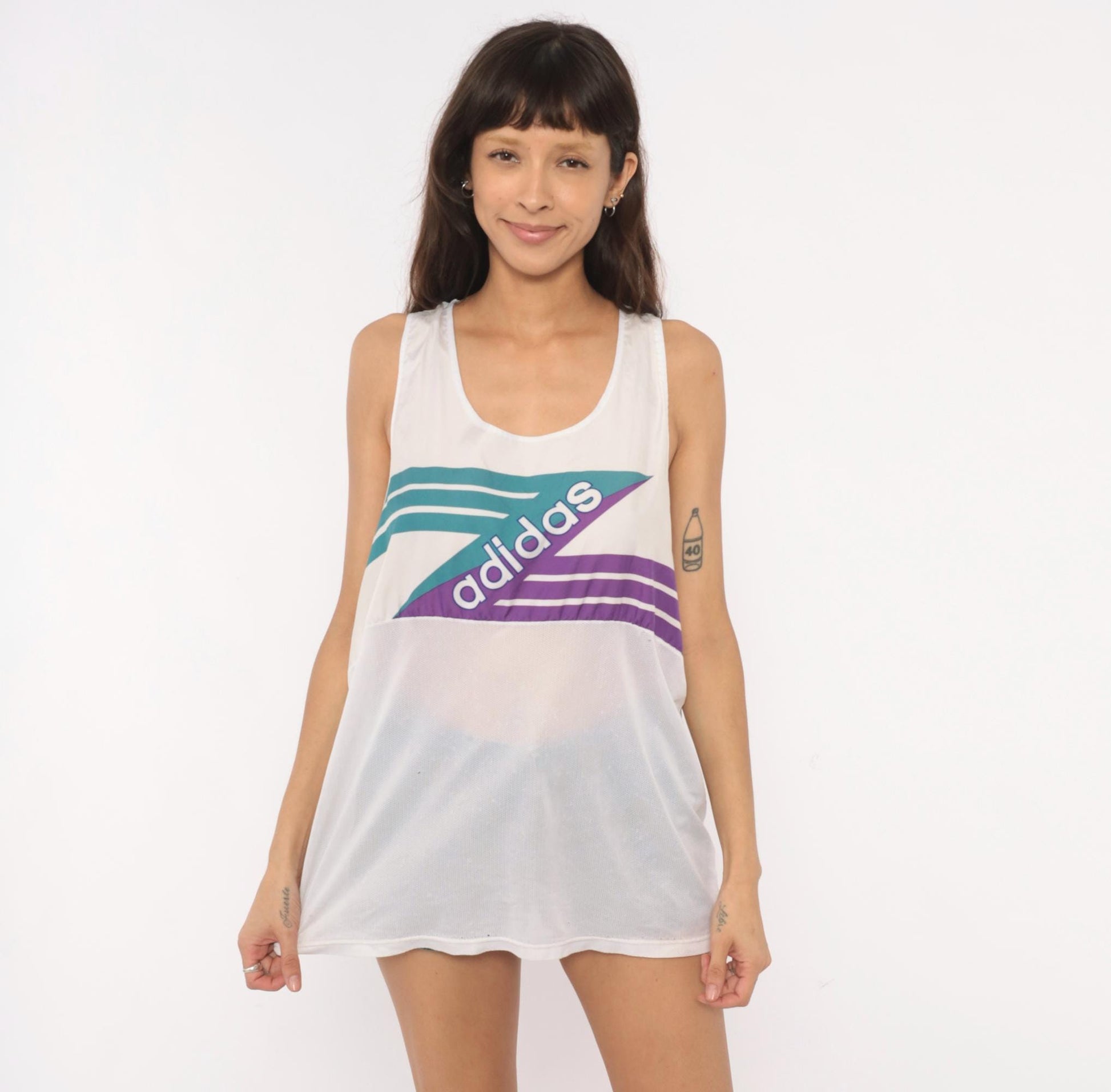 90s Adidas Tank Top White Teal Purple Mesh Athletic Sleeveless Extra Large XL