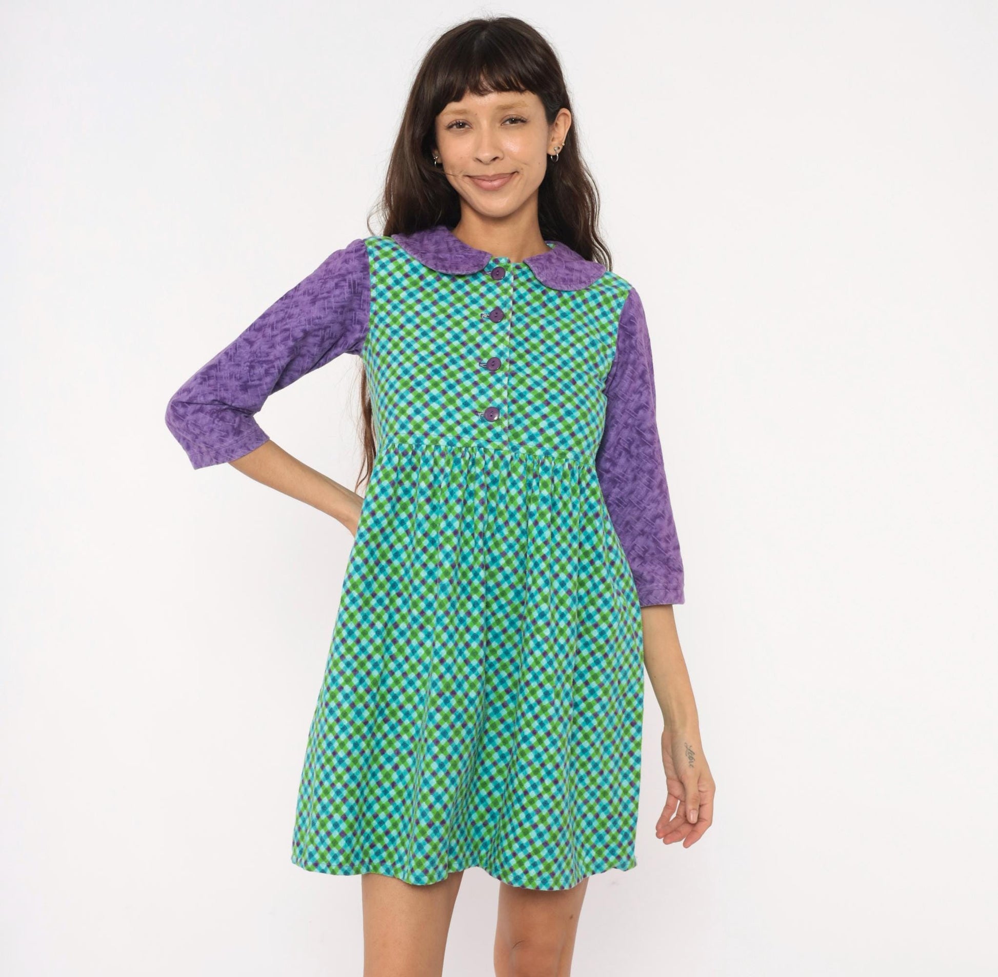 60s Babydoll Dress Purple Green Blue Gingham Peter Pan Collar Mini XS