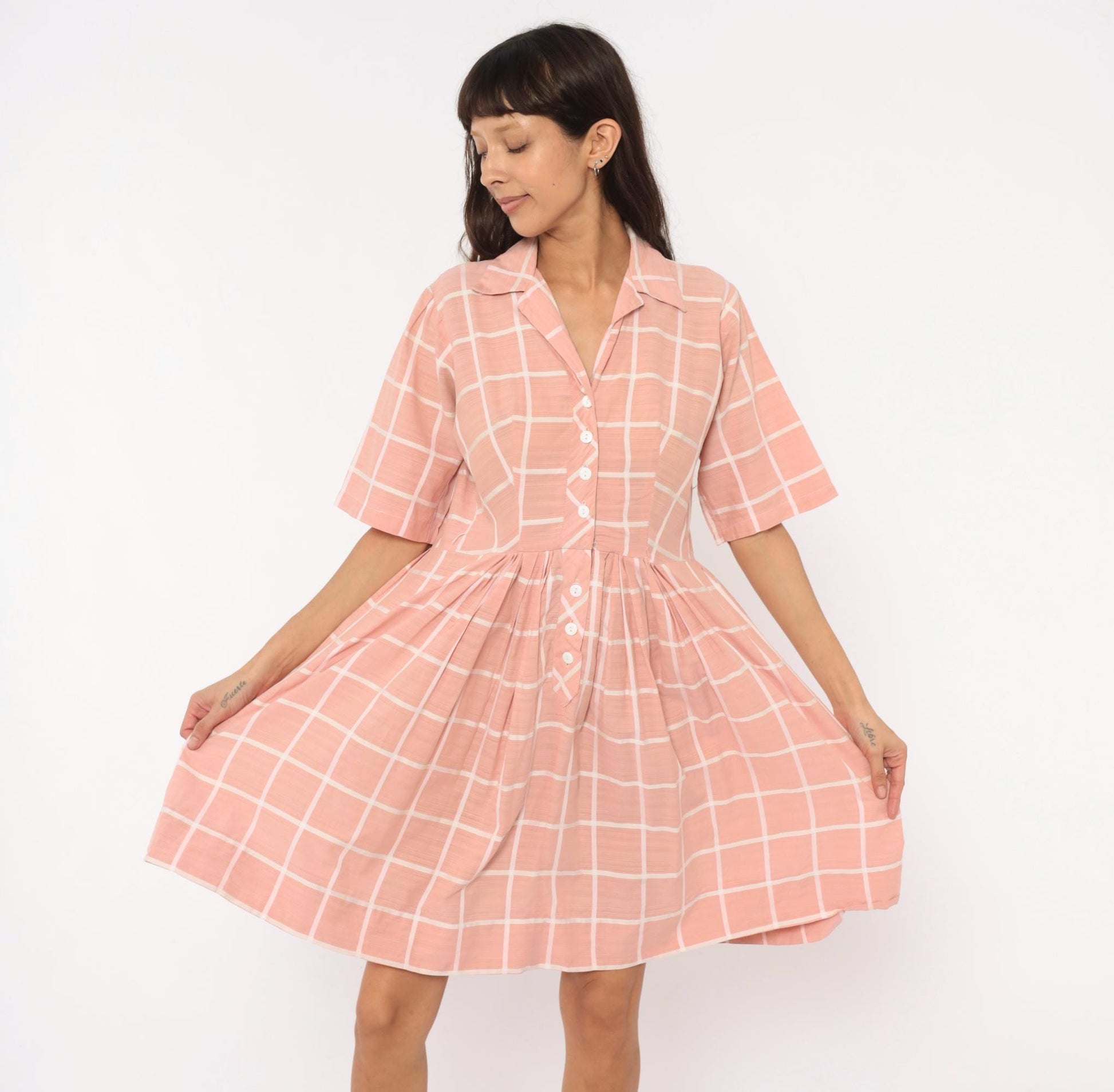 1960s Pink Cream Windowpane Shirtdress Cotton Button Front Pleated Large L