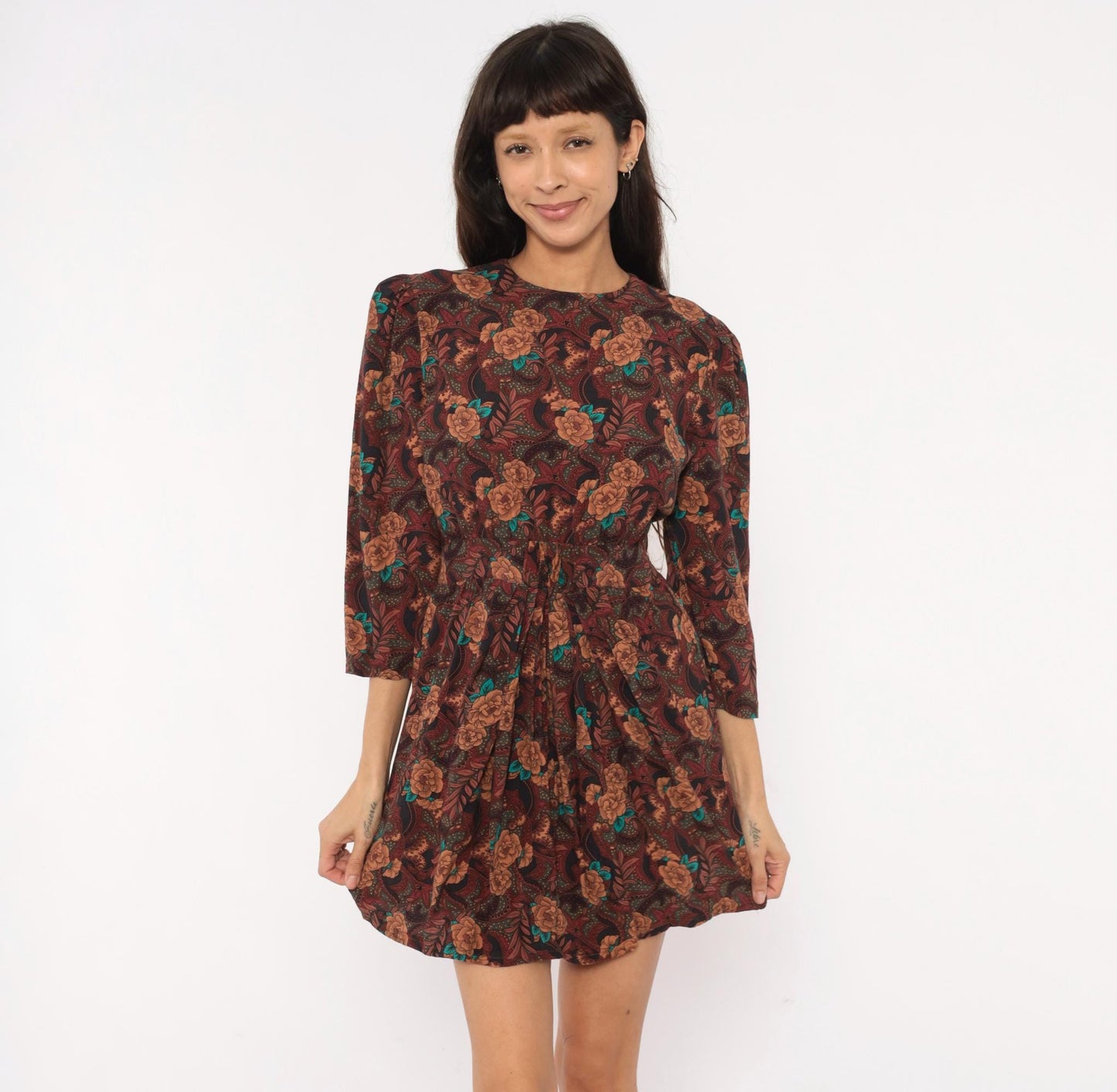 80s Karin Stevens Burgundy Floral Mini Dress Open Back Three Quarter Sleeve Medium