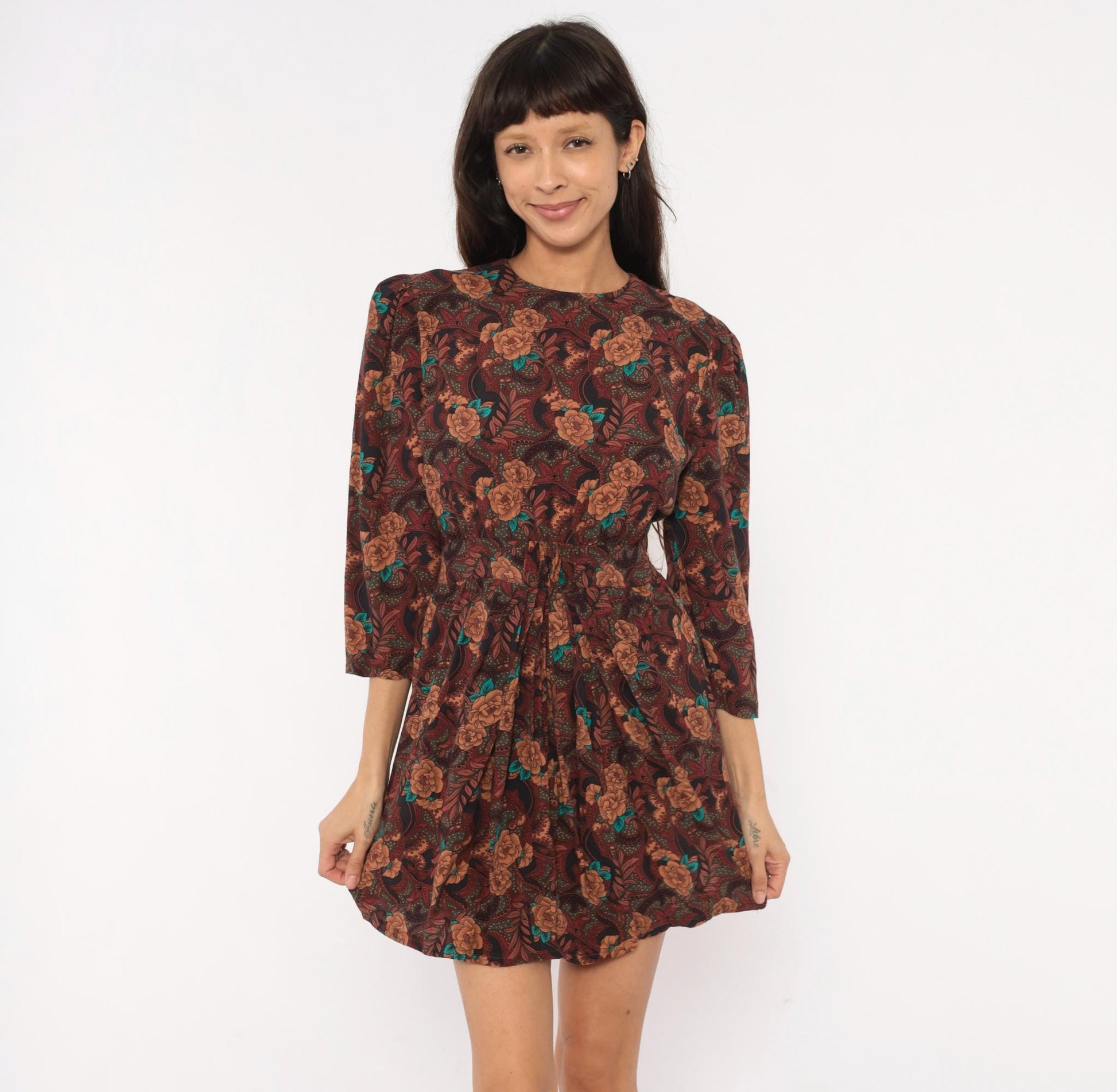 80s Karin Stevens Burgundy Floral Mini Dress Open Back Three Quarter Sleeve Medium