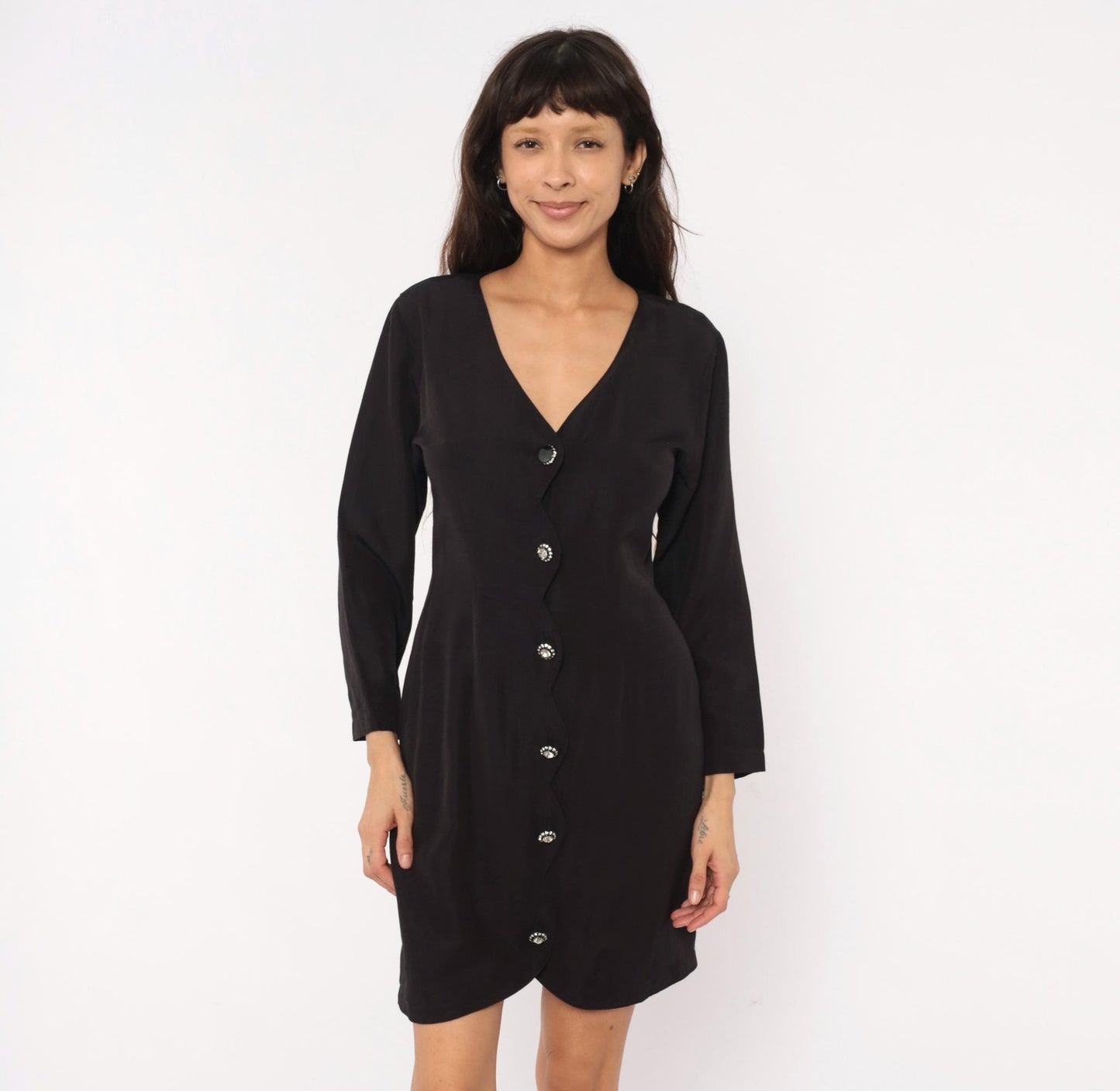 90s La Belle Black Mini Dress V-Neck Rhinestone Buttons Long Sleeve Medium M
