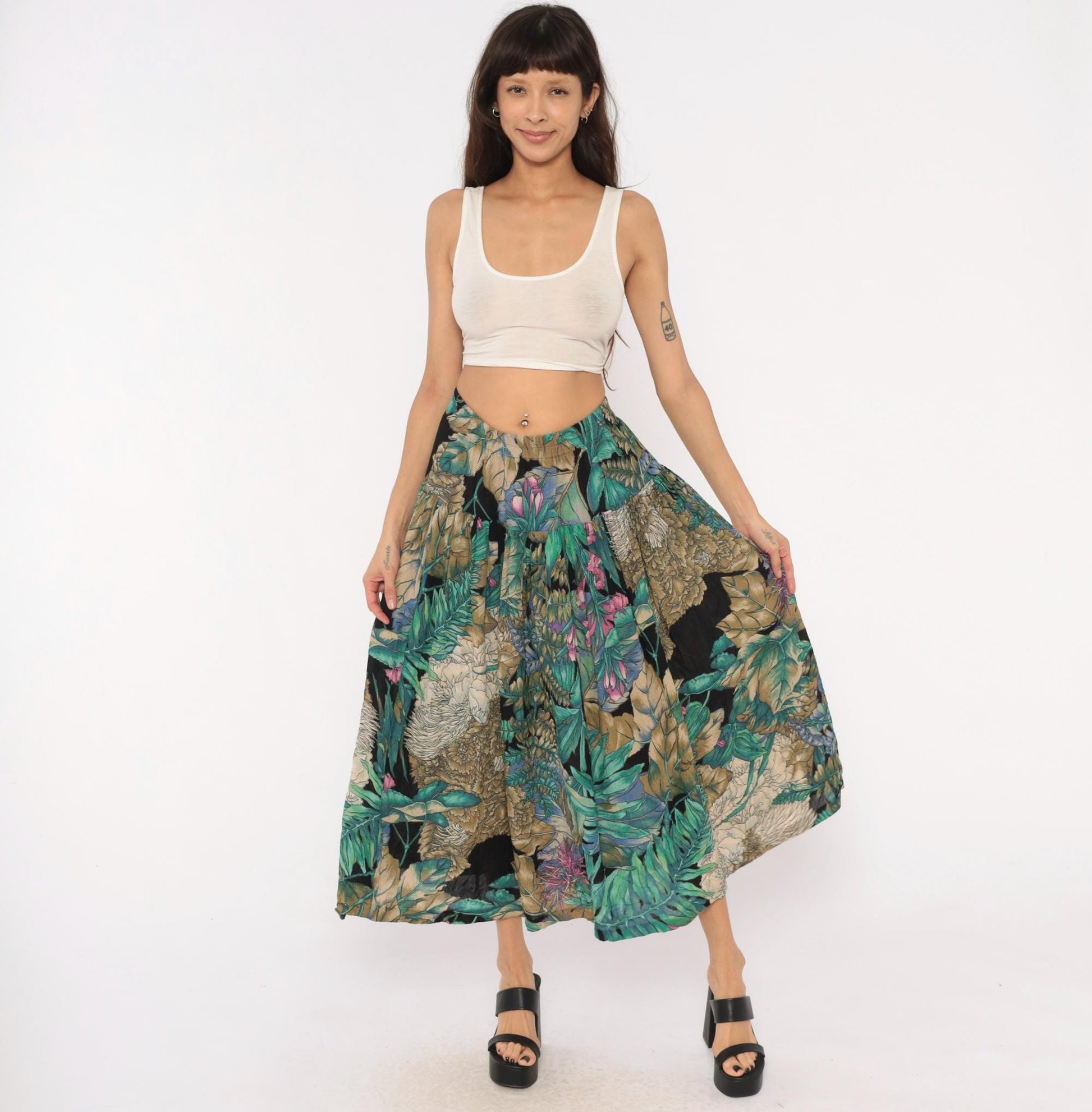 90s Karen Kane Tropical Botanical Midi Skirt Teal Olive Black Medium M