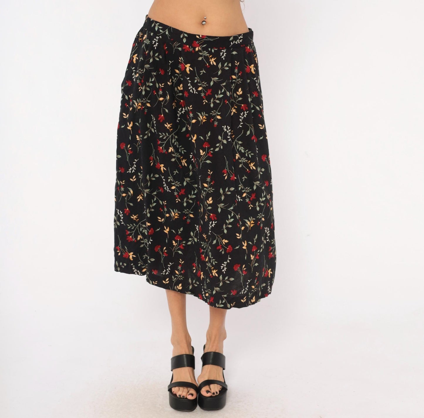 90s Appleseeds Botanical Midi Skirt Black Floral Red Green Extra Large XL