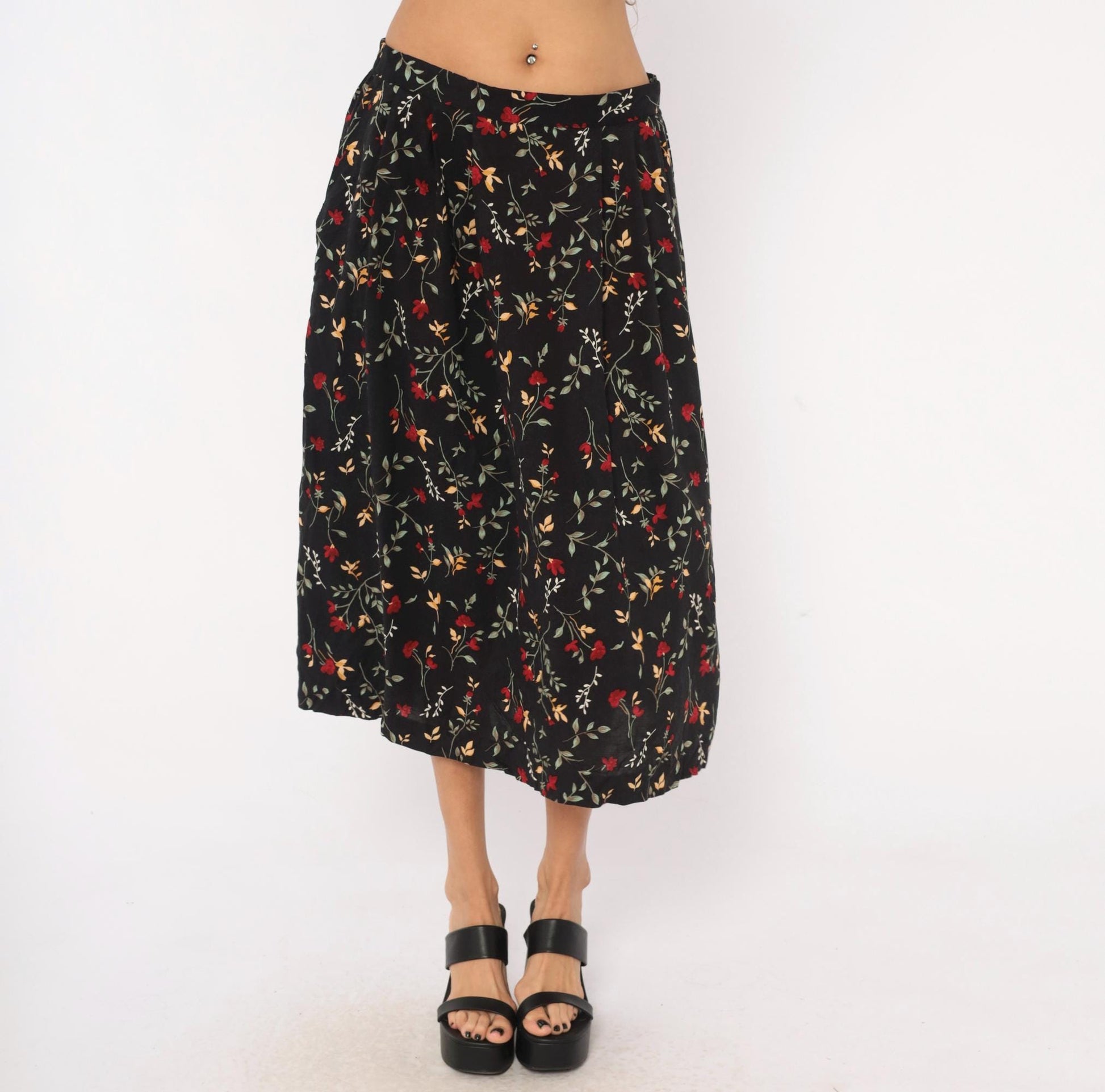 90s Appleseeds Botanical Midi Skirt Black Floral Red Green Extra Large XL