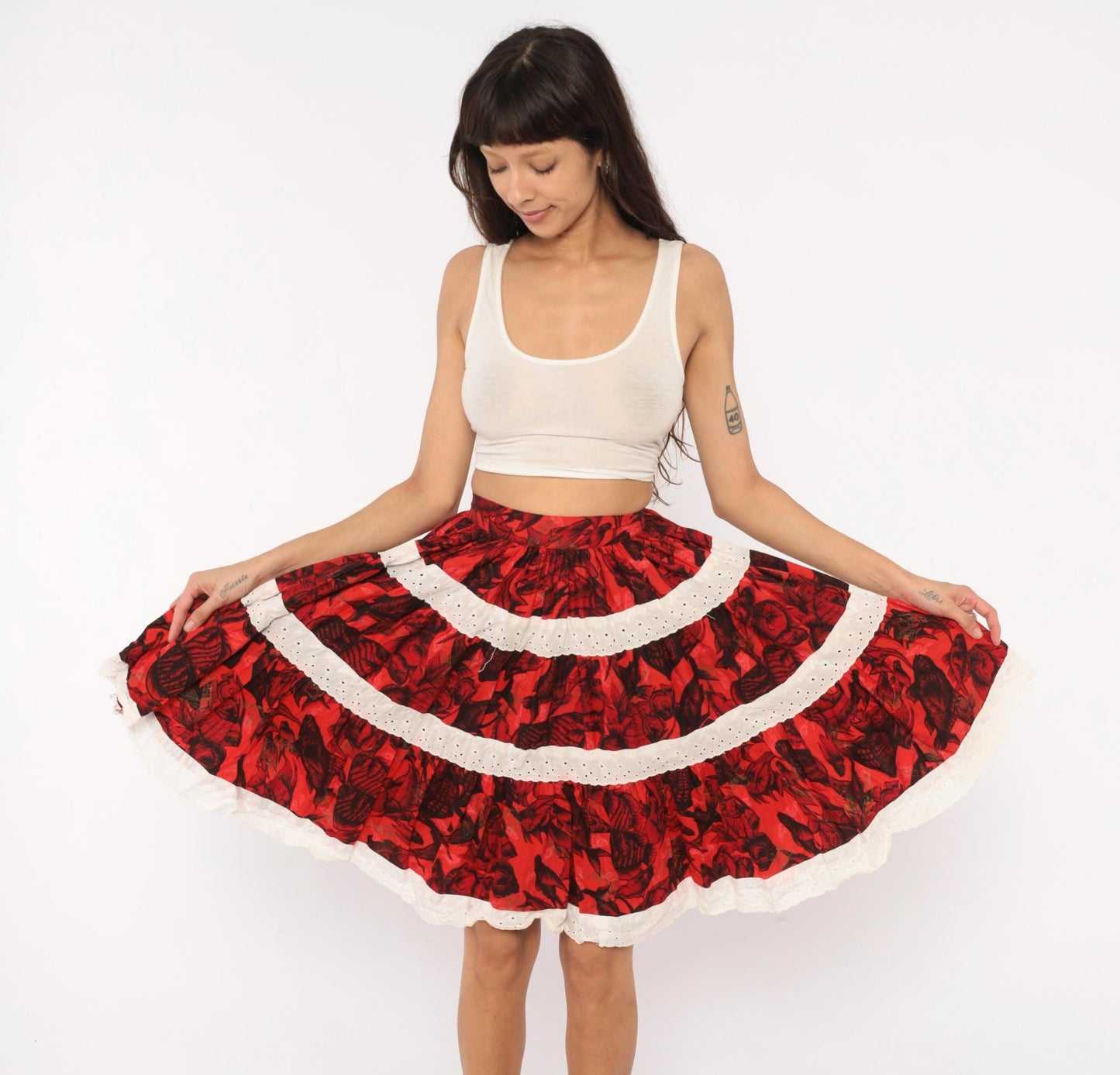 60s Fish Print Circle Skirt Red Black Eyelet Lace Cotton Extra Small