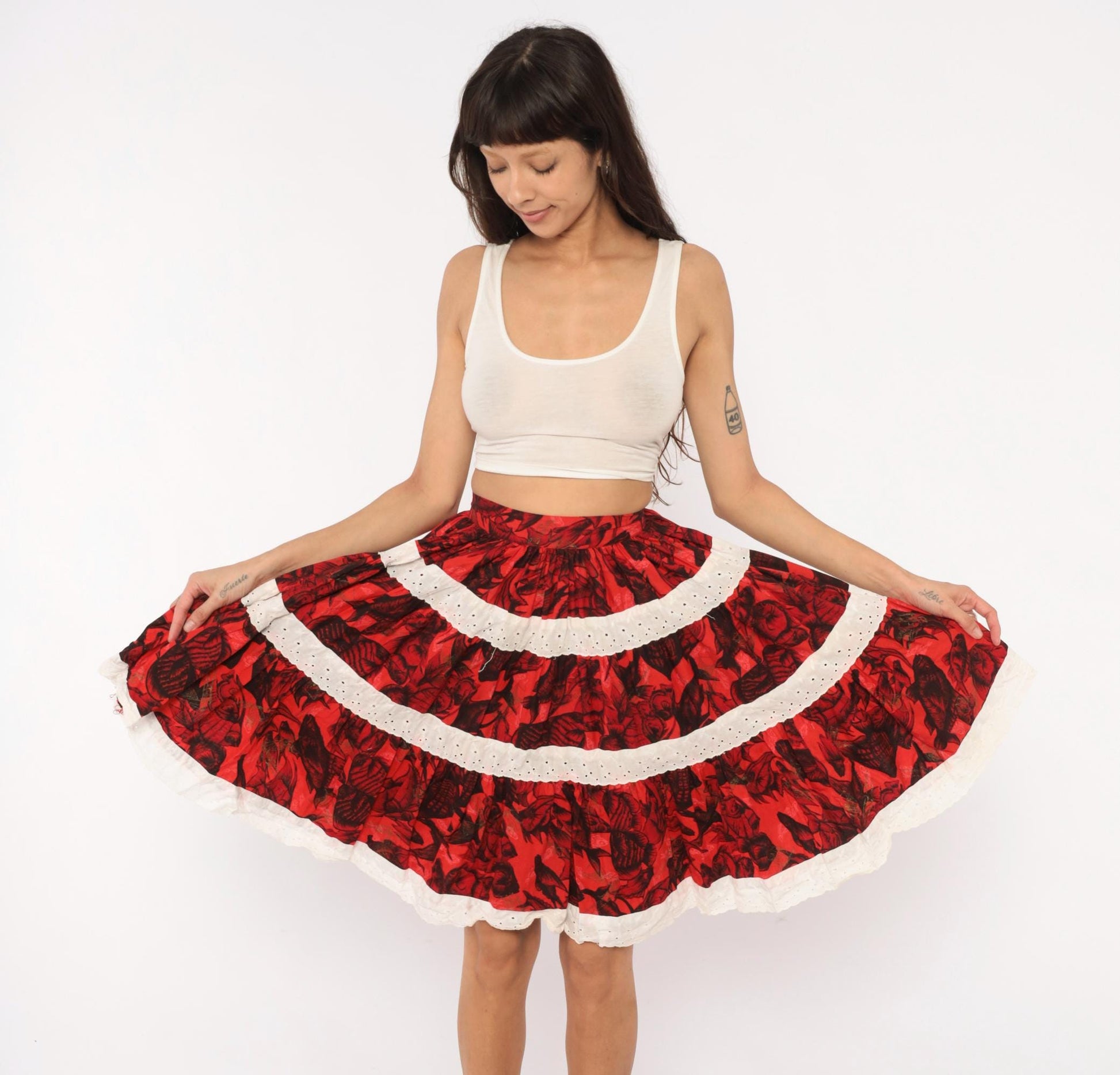 60s Fish Print Circle Skirt Red Black Eyelet Lace Cotton Extra Small