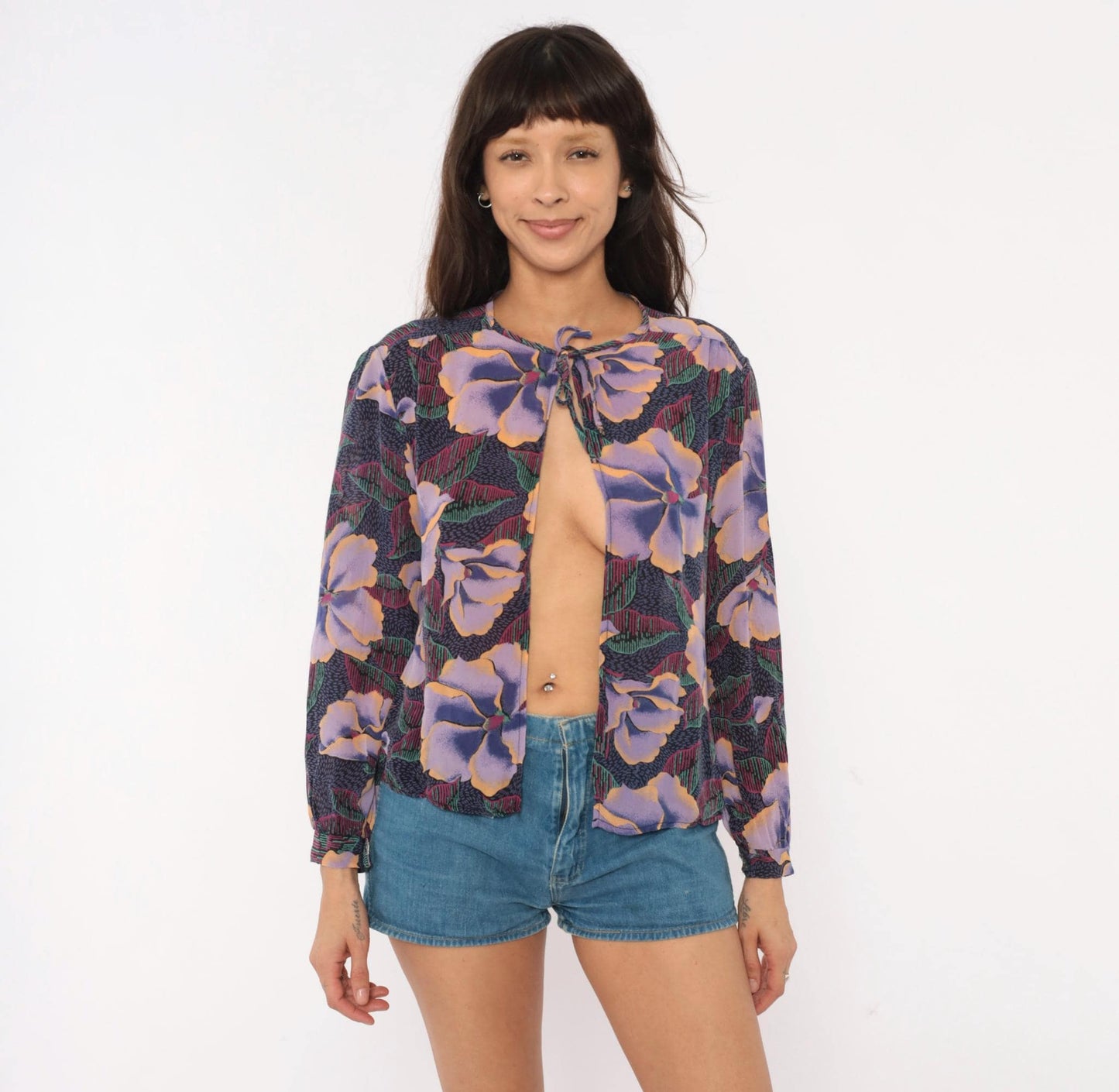 80s In Gear Ltd Tropical Hibiscus Tie-Neck Blouse Purple Lavender Teal Medium