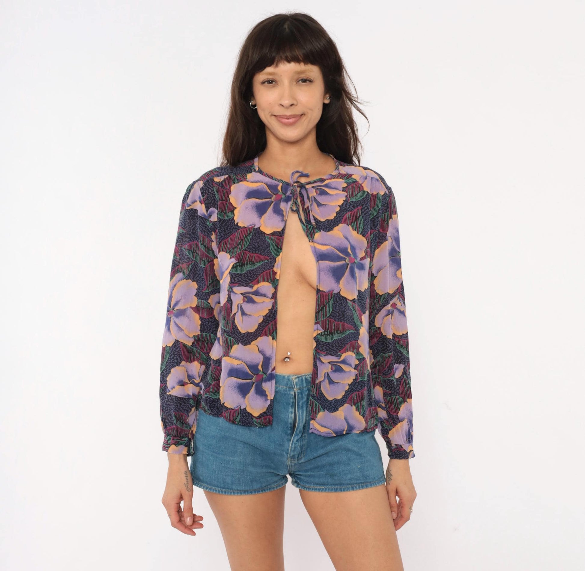 80s In Gear Ltd Tropical Hibiscus Tie-Neck Blouse Purple Lavender Teal Medium