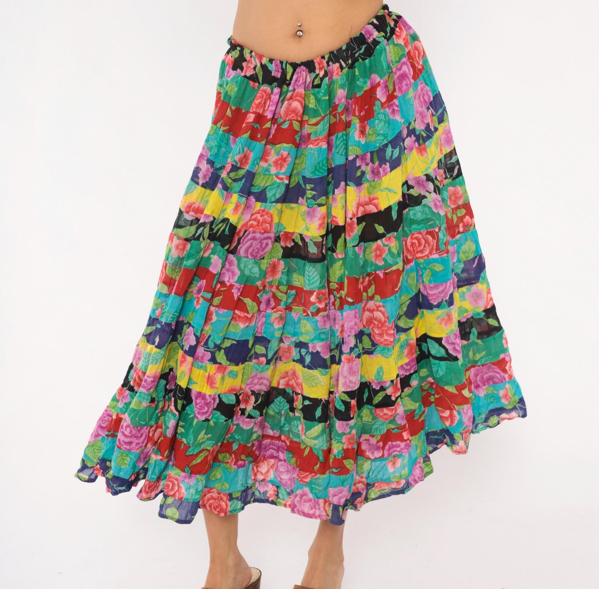 90s Sportique Patchwork Tiered Skirt Floral Rose Cotton Gauze Small