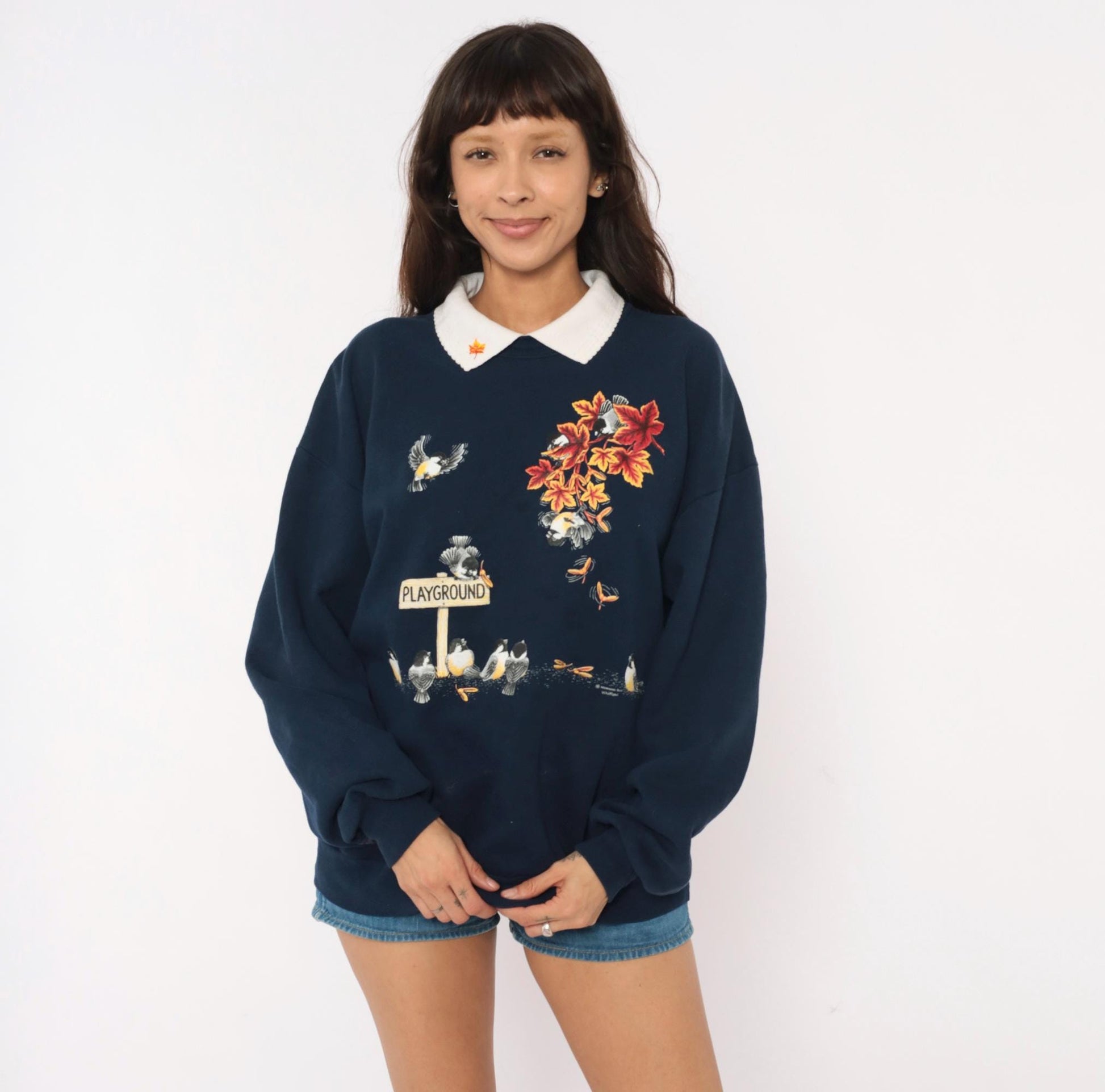90s Morning Sun Chickadee Sweatshirt Navy Blue Autumn Leaves Collared Graphic Extra Large