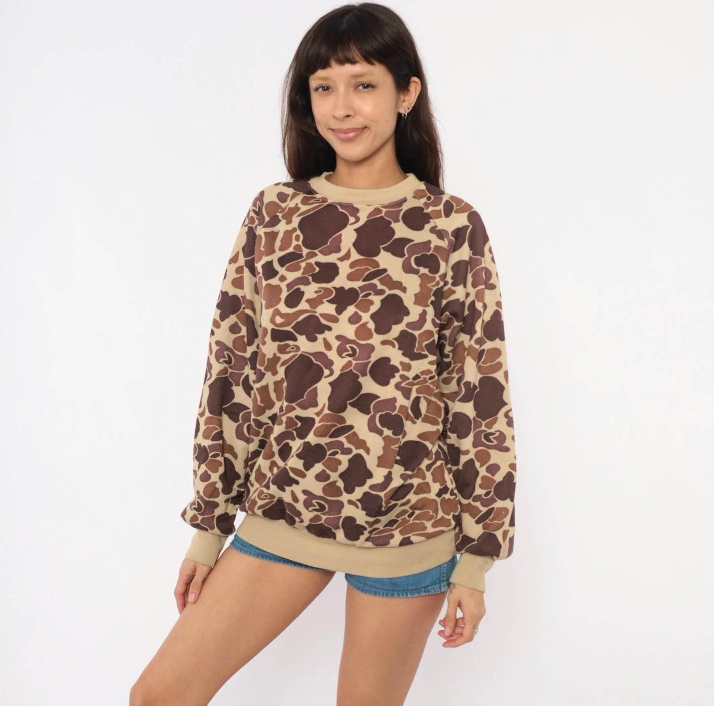 80s Duck Bay Camo Crewneck Sweatshirt Tan Brown Raglan Extra Large XL