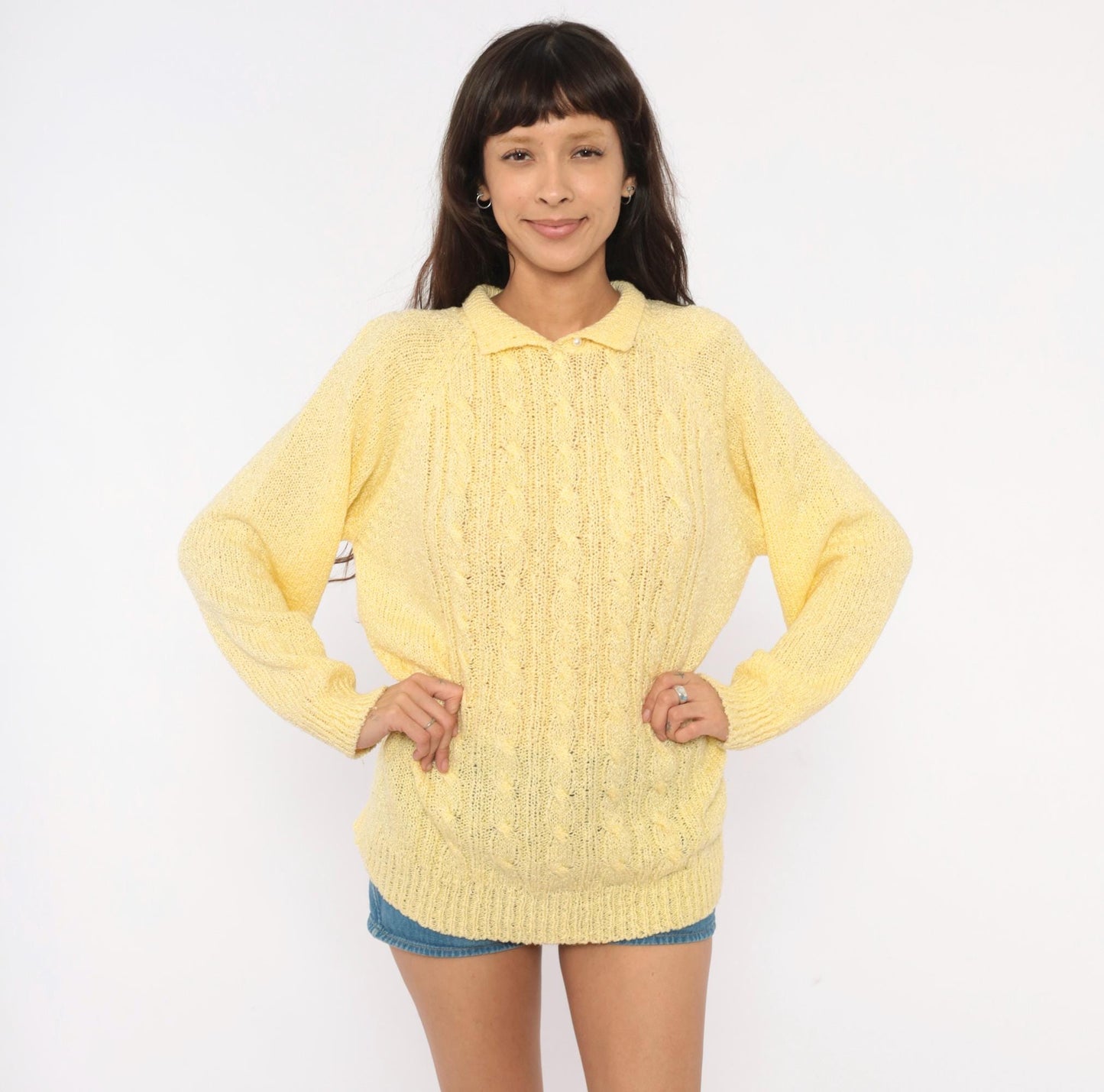80s Miranda Cable Knit Polo Sweater Yellow Collared Pearl Button Large L
