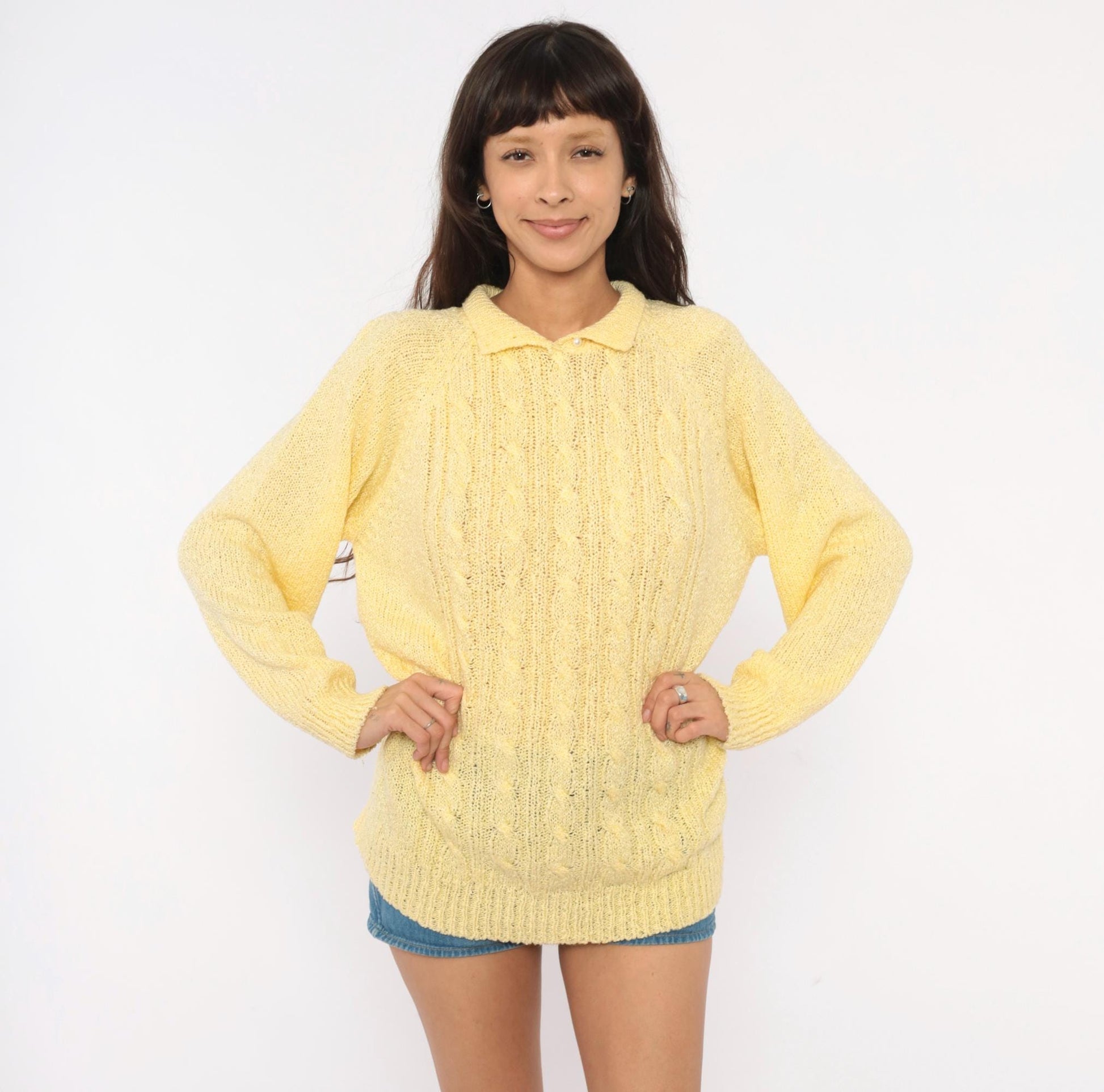 80s Miranda Cable Knit Polo Sweater Yellow Collared Pearl Button Large L