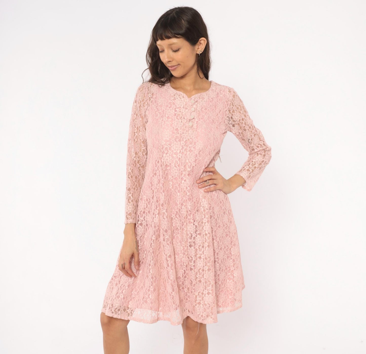 90s Allison Ann Blush Floral Lace Dress Button Front Corset Back Large L