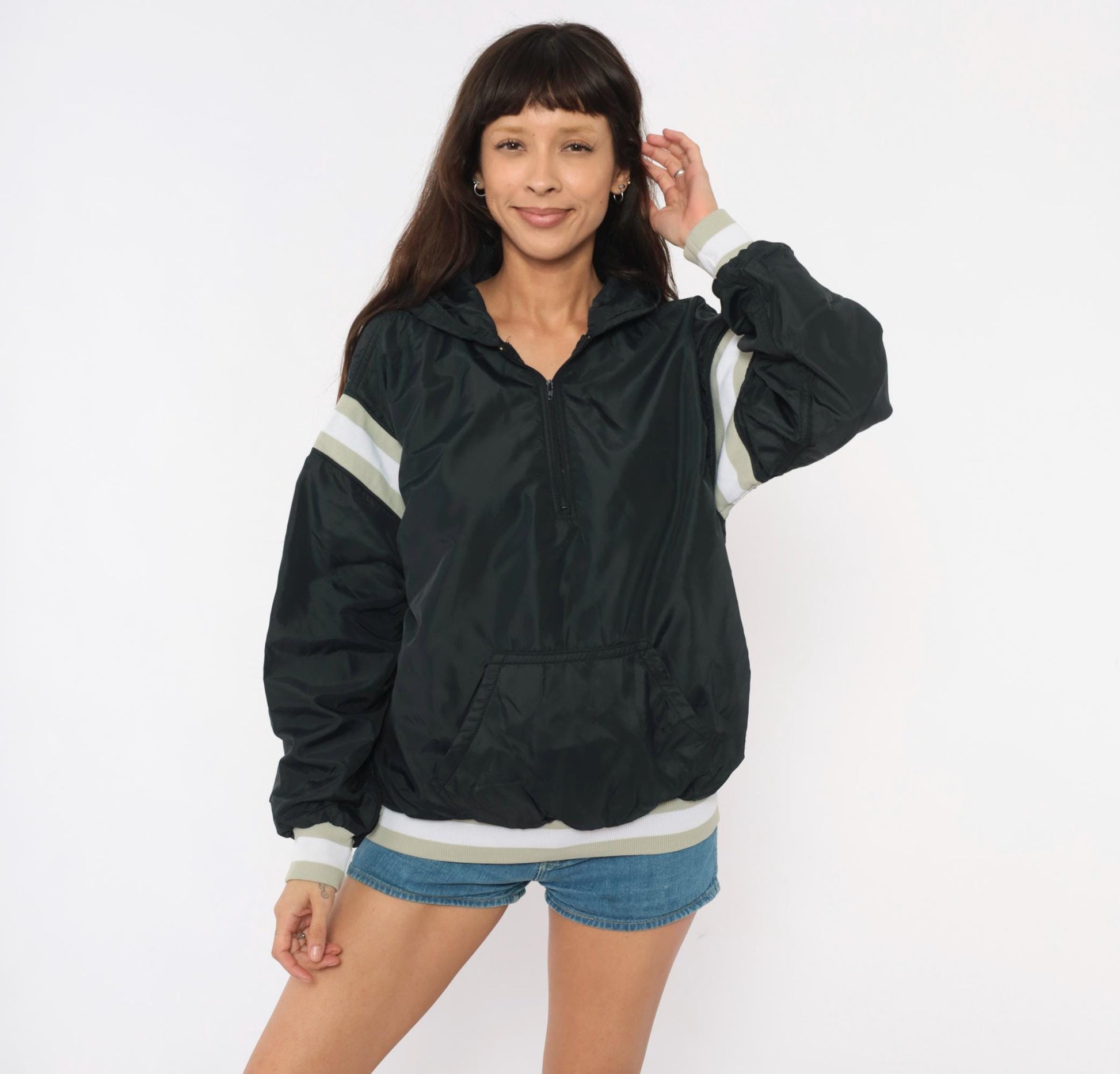 90s Russell Athletic Black Hooded Windbreaker Striped Sleeve Small