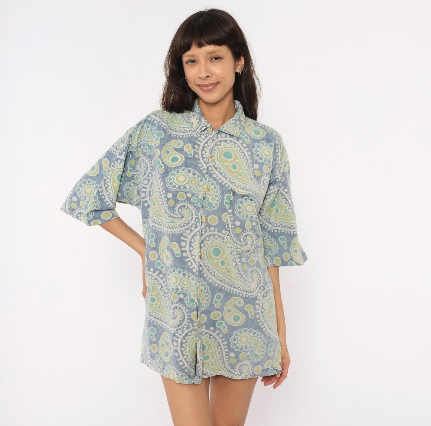 90s Robert Stock Island Style Paisley Camp Shirt Blue Green Mens Large L