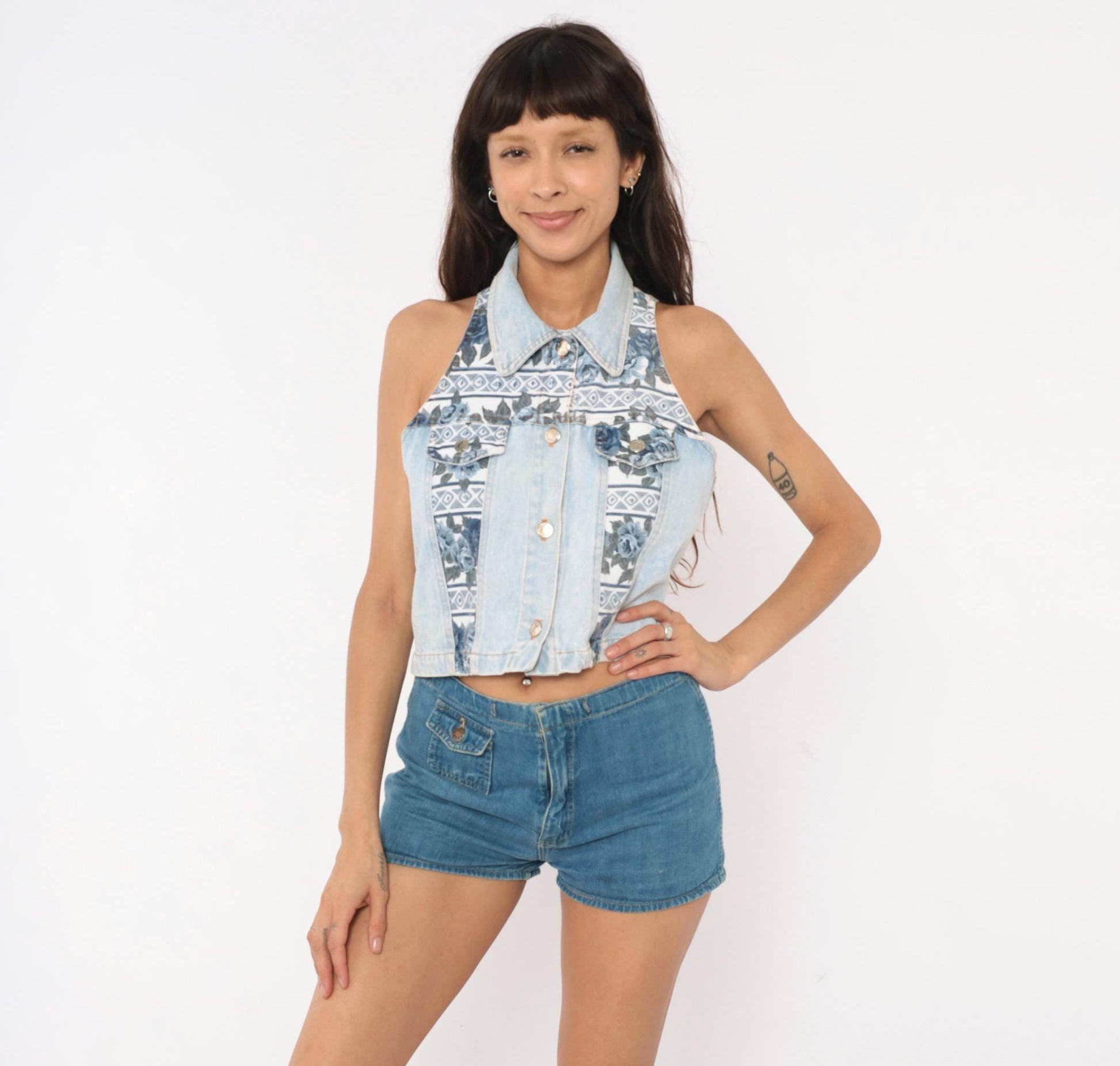 90s Sharnel Denim Vest Cropped Floral Lace-Up Back Light Wash Small