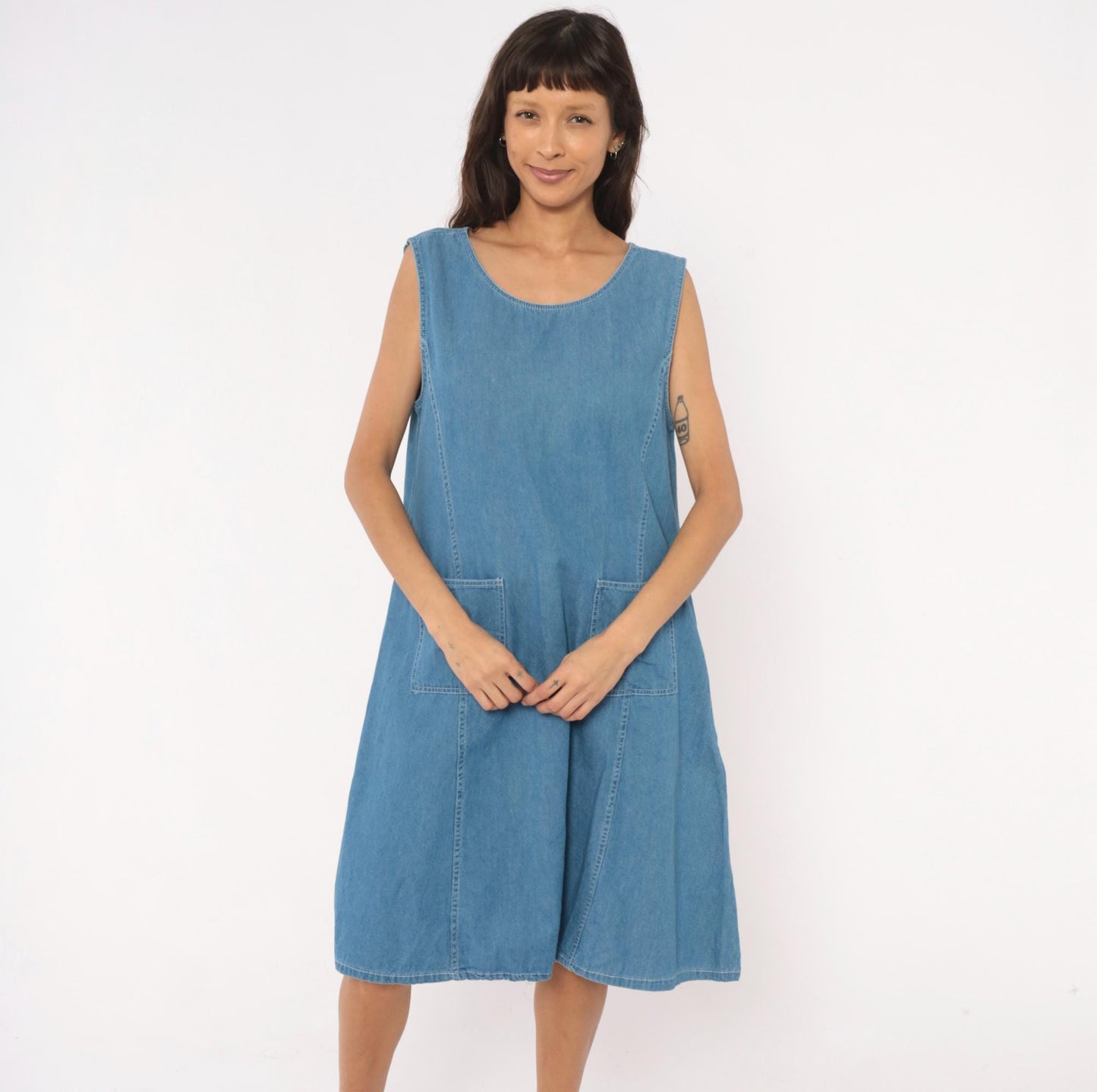 90s Denim Jazz Jumper Dress Sleeveless Scoop Neck Blue Shift Large L