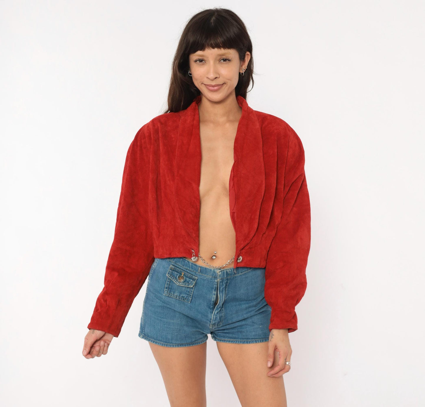 80s Wilsons Red Suede Cropped Jacket Dolman Sleeve Shawl Collar Large L