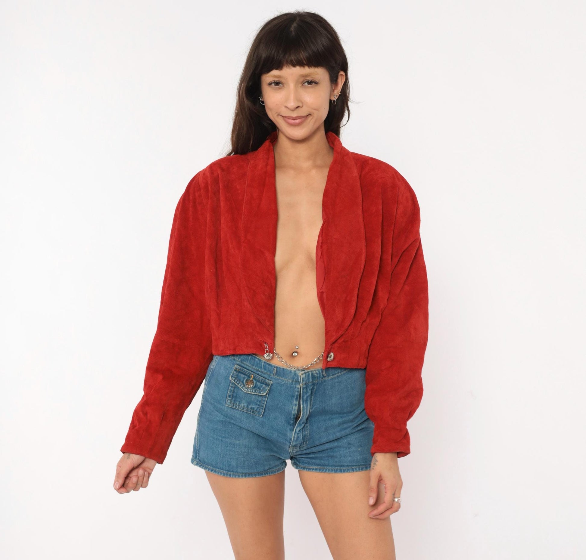 80s Wilsons Red Suede Cropped Jacket Dolman Sleeve Shawl Collar Large L