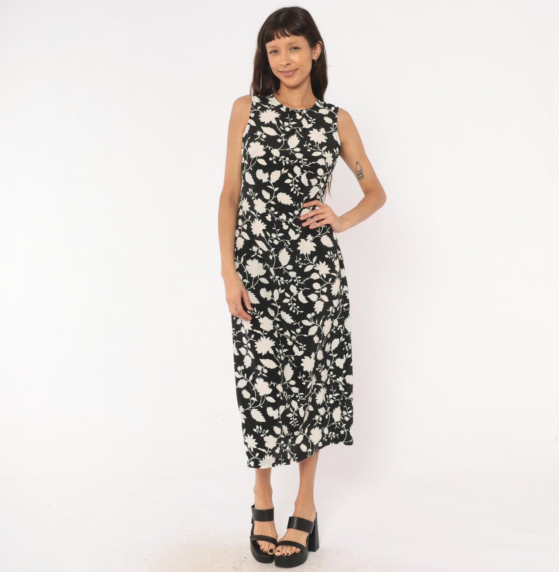 00s Old Navy Black Cream Floral Midi Dress Sleeveless Small S