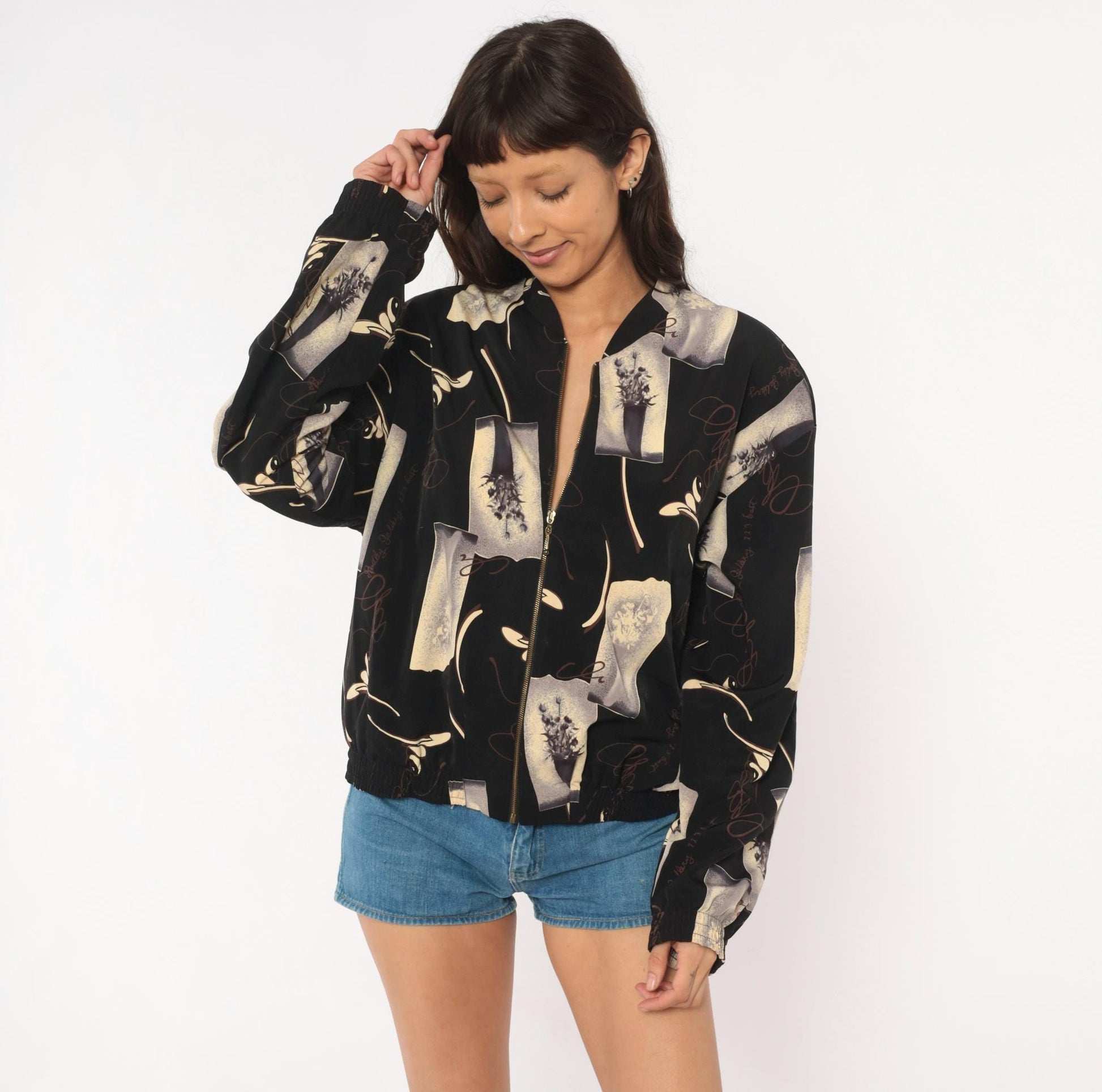 90s Kensington Square Bomber Jacket Black Cream Floral Vase Graphic Large