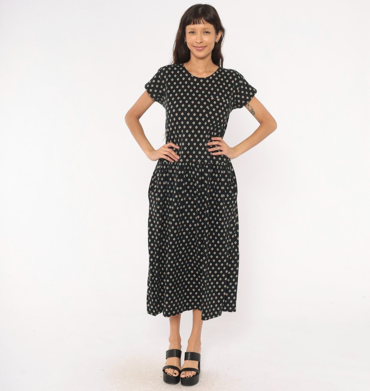 90s LizSport Foulard Print Midi Dress Black Cotton Short Sleeve Medium M