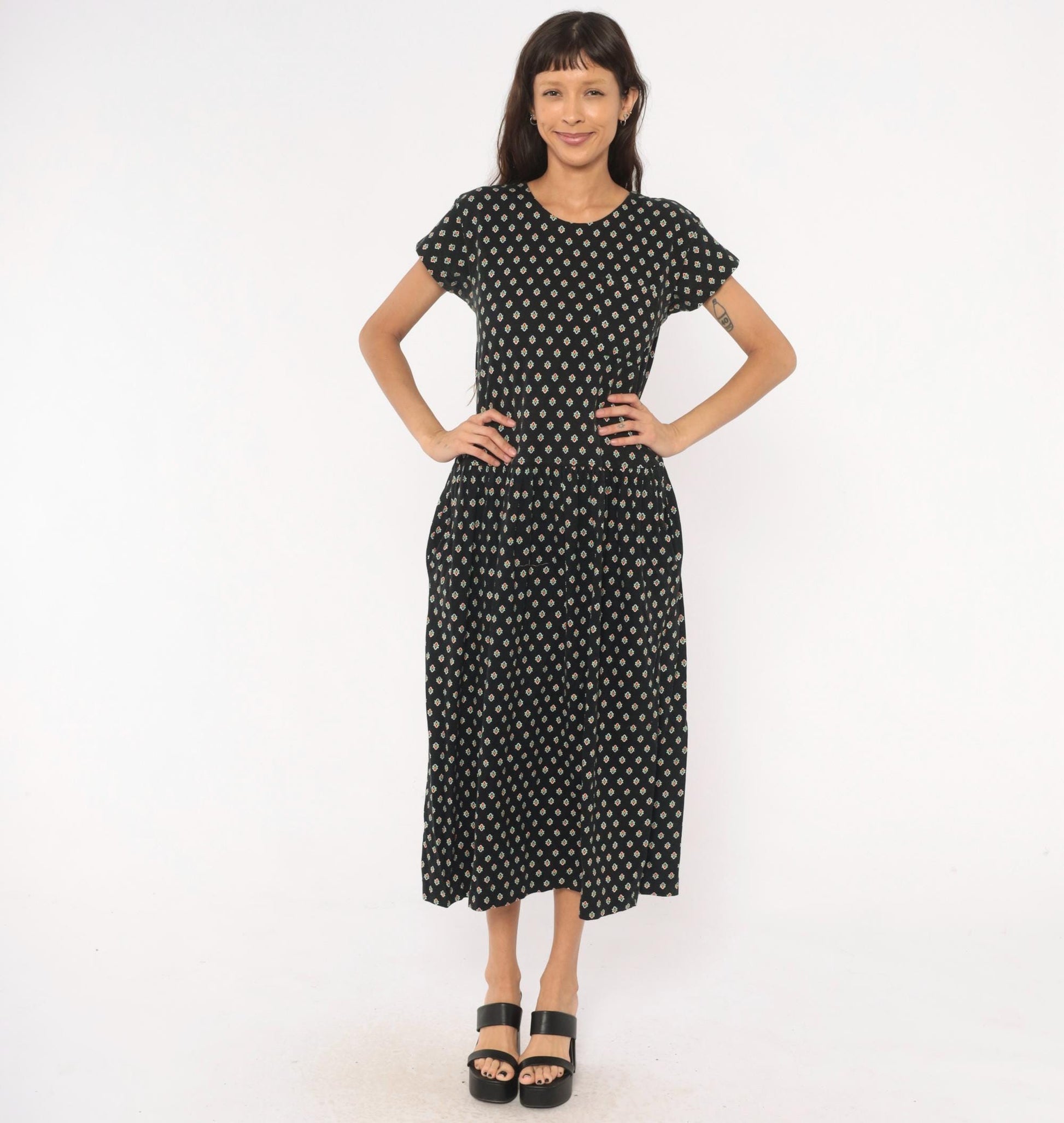 90s LizSport Foulard Print Midi Dress Black Cotton Short Sleeve Medium M