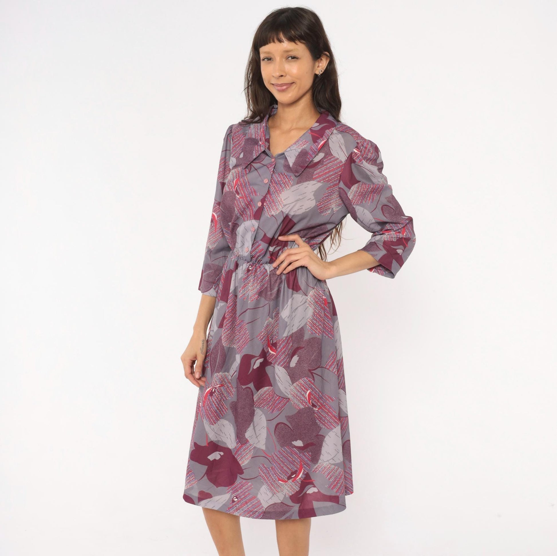 70s Abstract Leaf Floral Button Front Dress Grey Burgundy Knee-Length Medium M