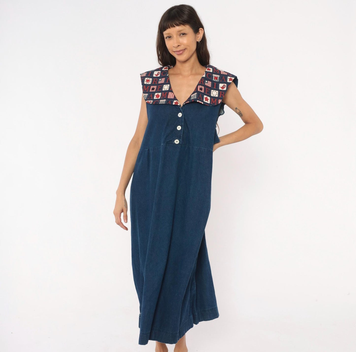 90s Americana Patchwork Denim Maxi Dress Navy Sailor Collar Plus Size XXL