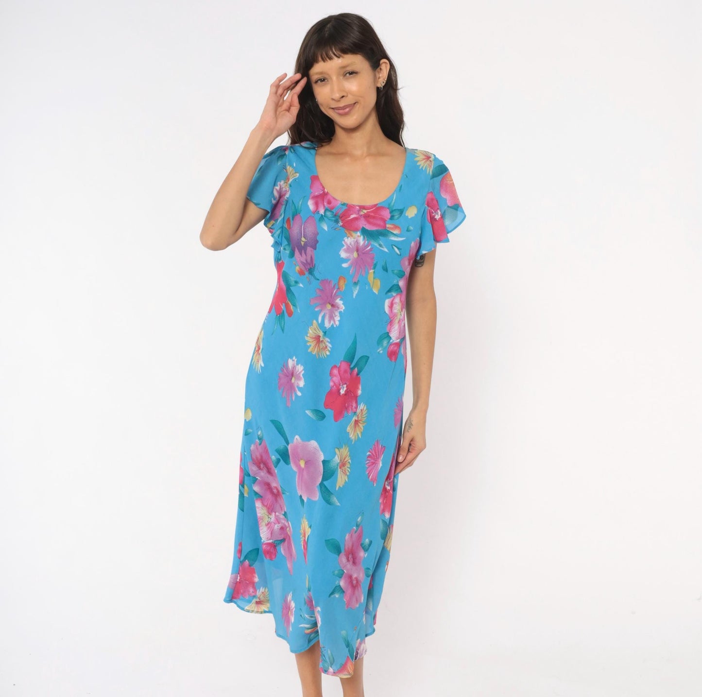 90s Southern Expressions Floral Midi Dress Sky Blue Flutter Sleeve Extra Large
