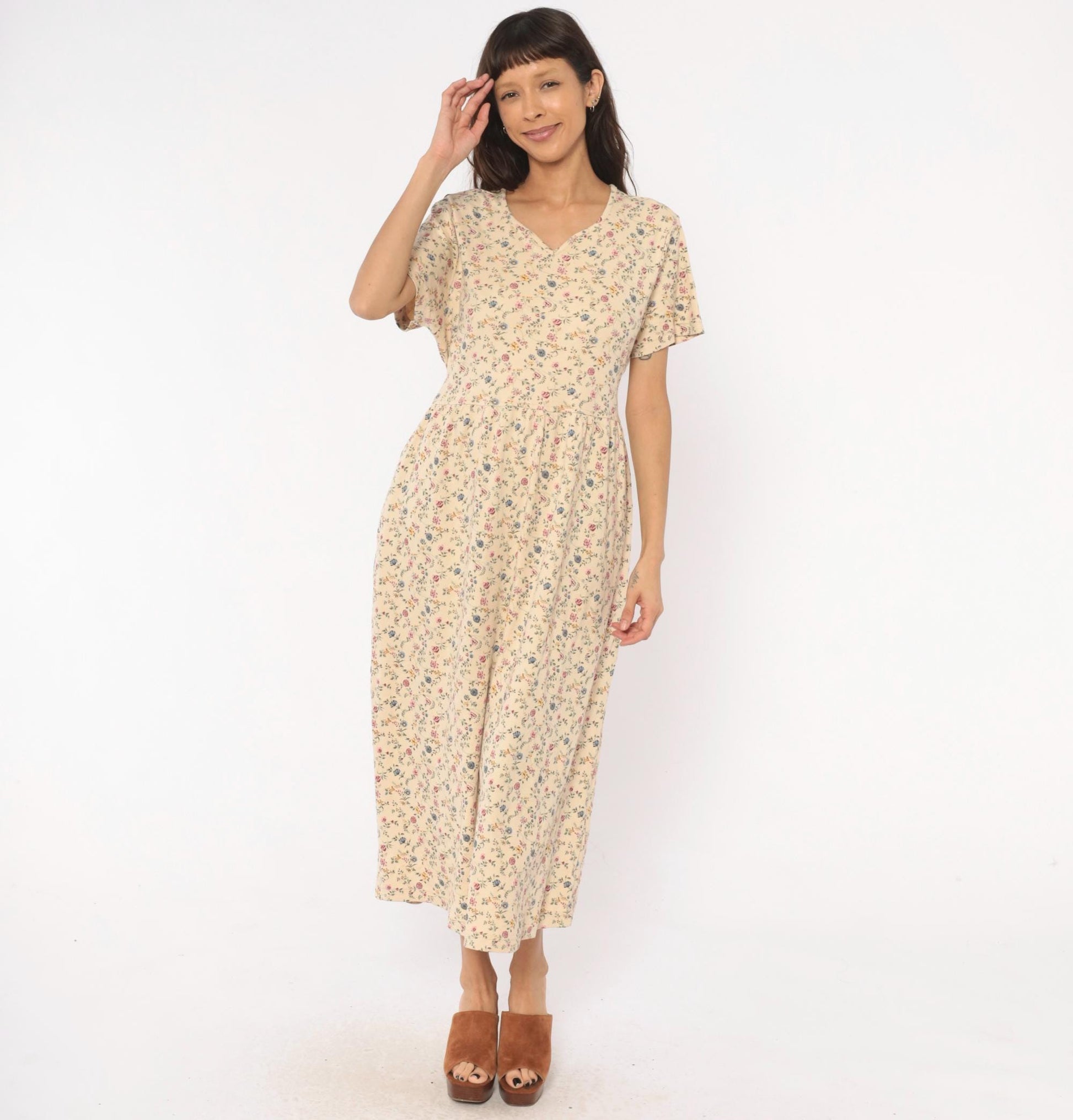 90s Blair Ditsy Floral Maxi Dress Cream Cotton Prairie V-Neck Medium Petite