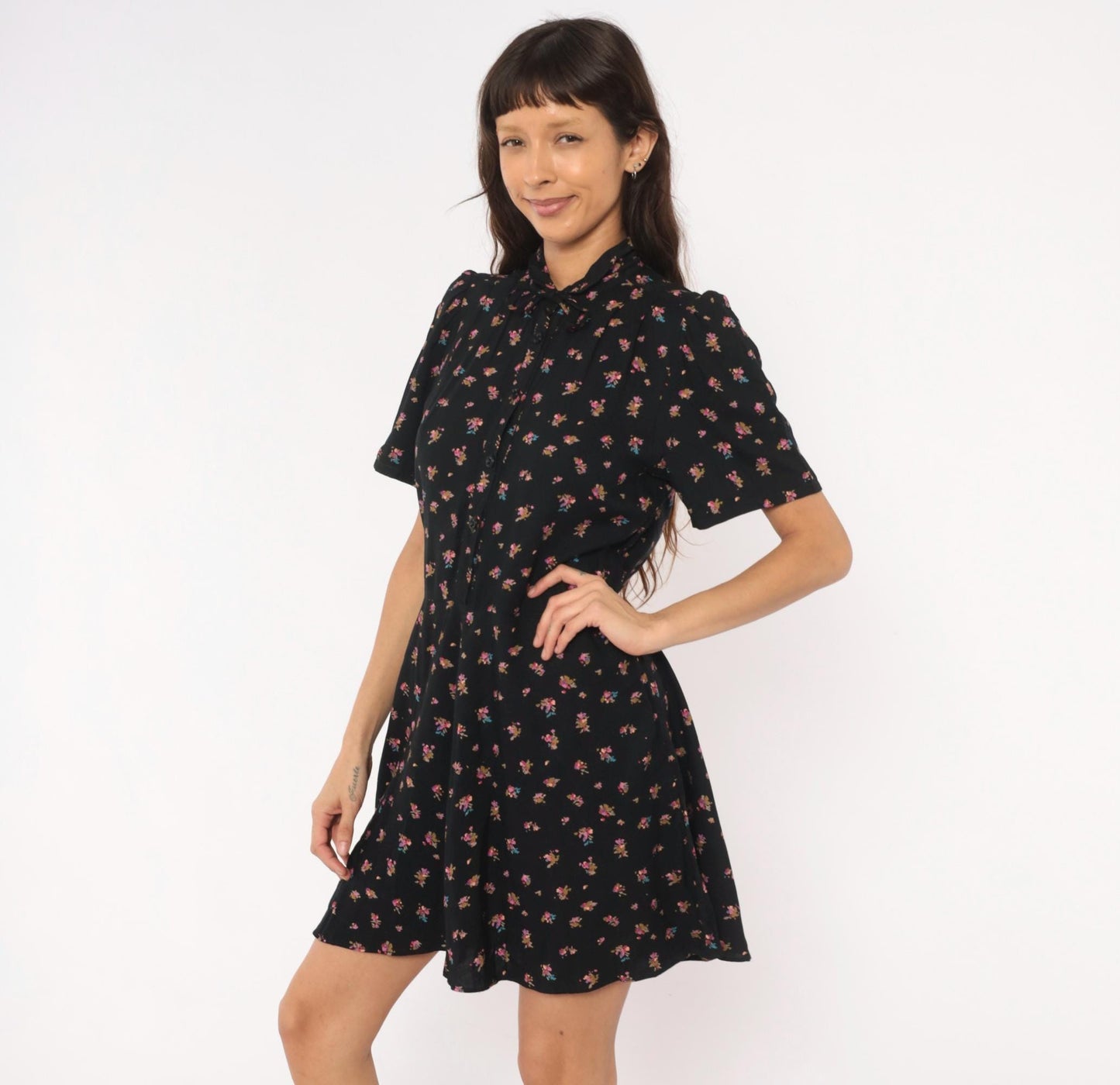 80s Belle France Ditsy Floral Babydoll Mini Dress Black Puff Sleeve Medium