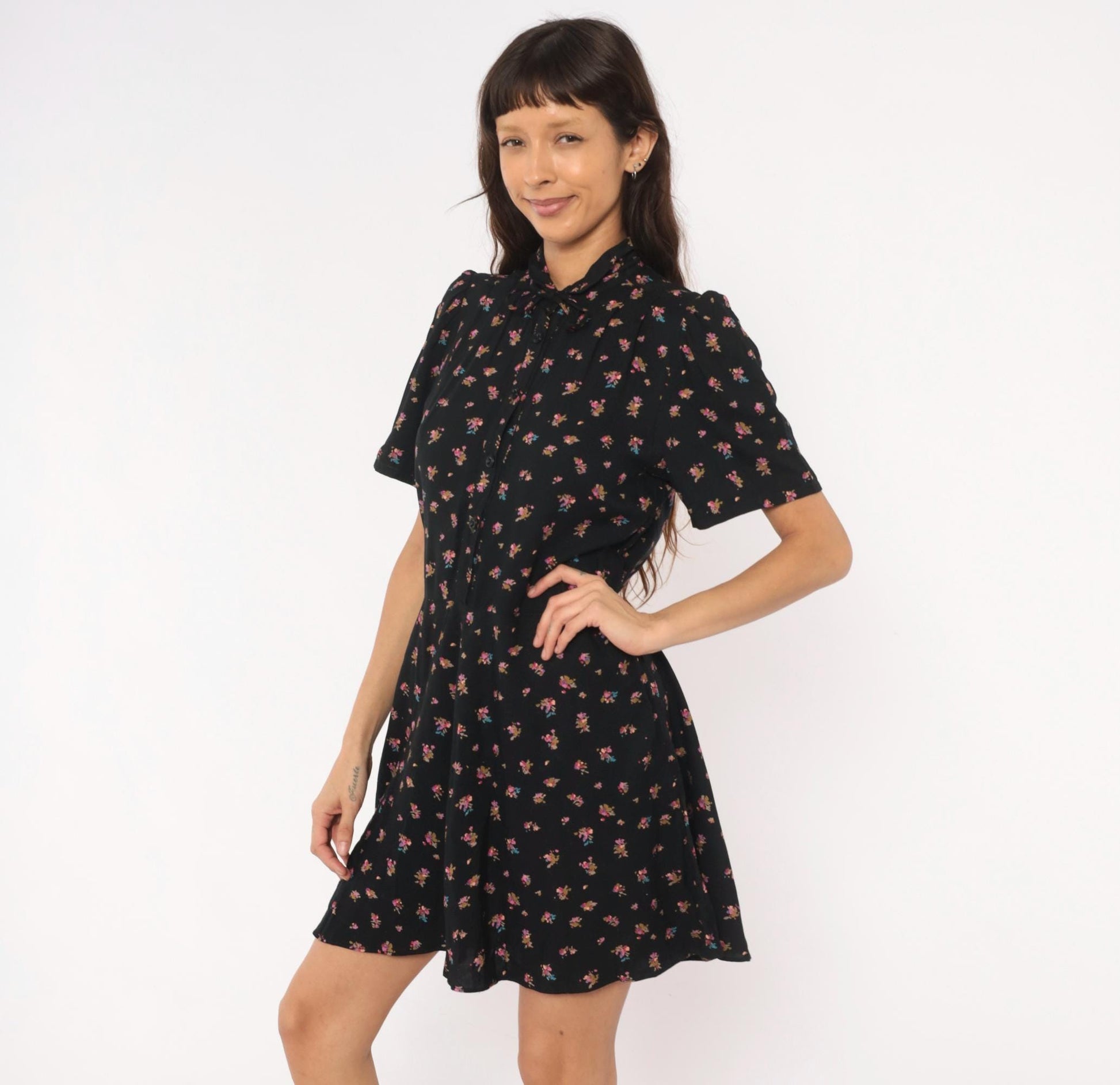 80s Belle France Ditsy Floral Babydoll Mini Dress Black Puff Sleeve Medium
