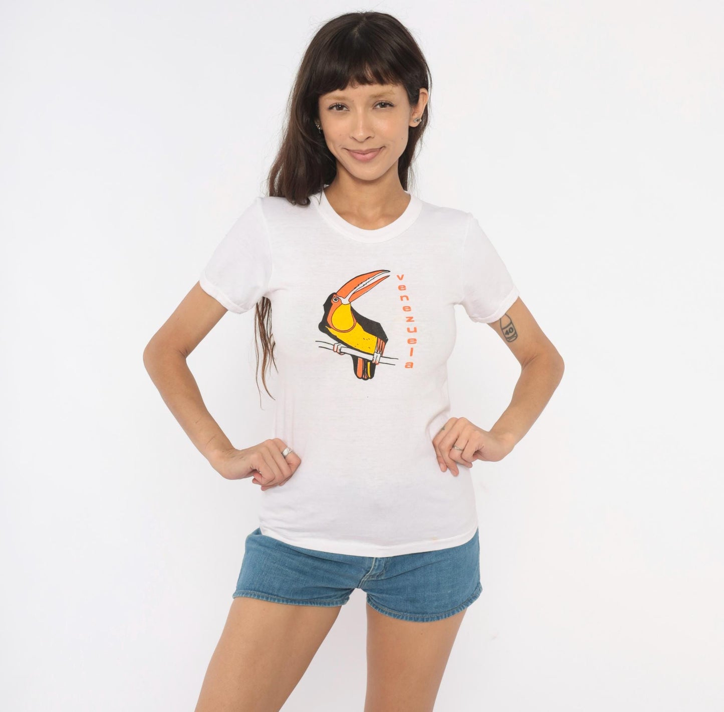 2000s Venezuela Toucan Graphic Baby Tee White Cotton Extra Small XS