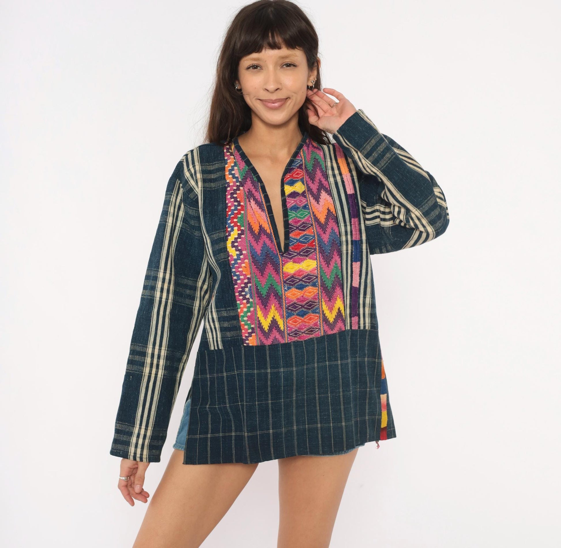 90s Guatemalan Huipil Handwoven Cotton Tunic Indigo Embroidered Medium M