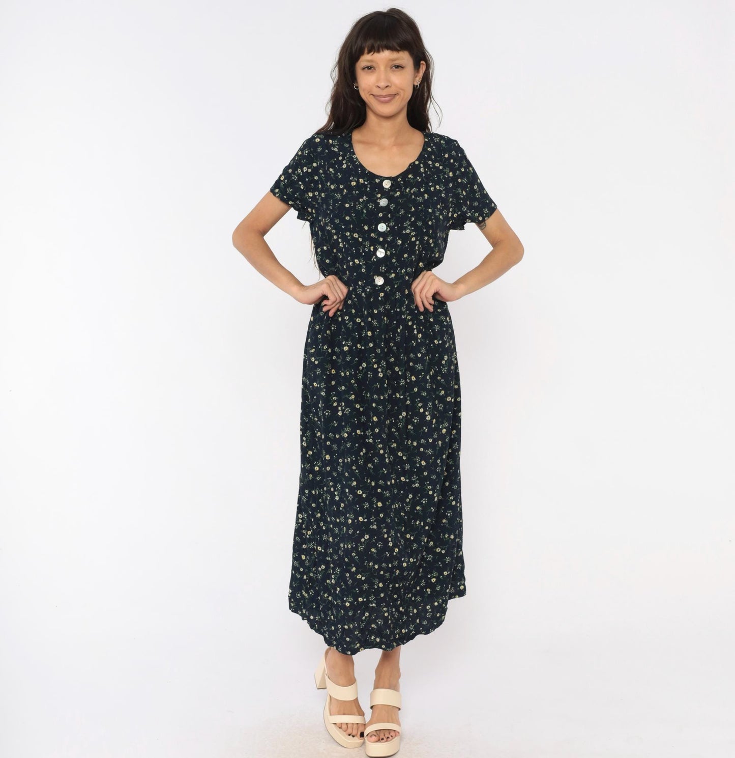 90s Liz Baker Essentials Navy Floral Maxi Dress Yellow Daisy Button Front Medium