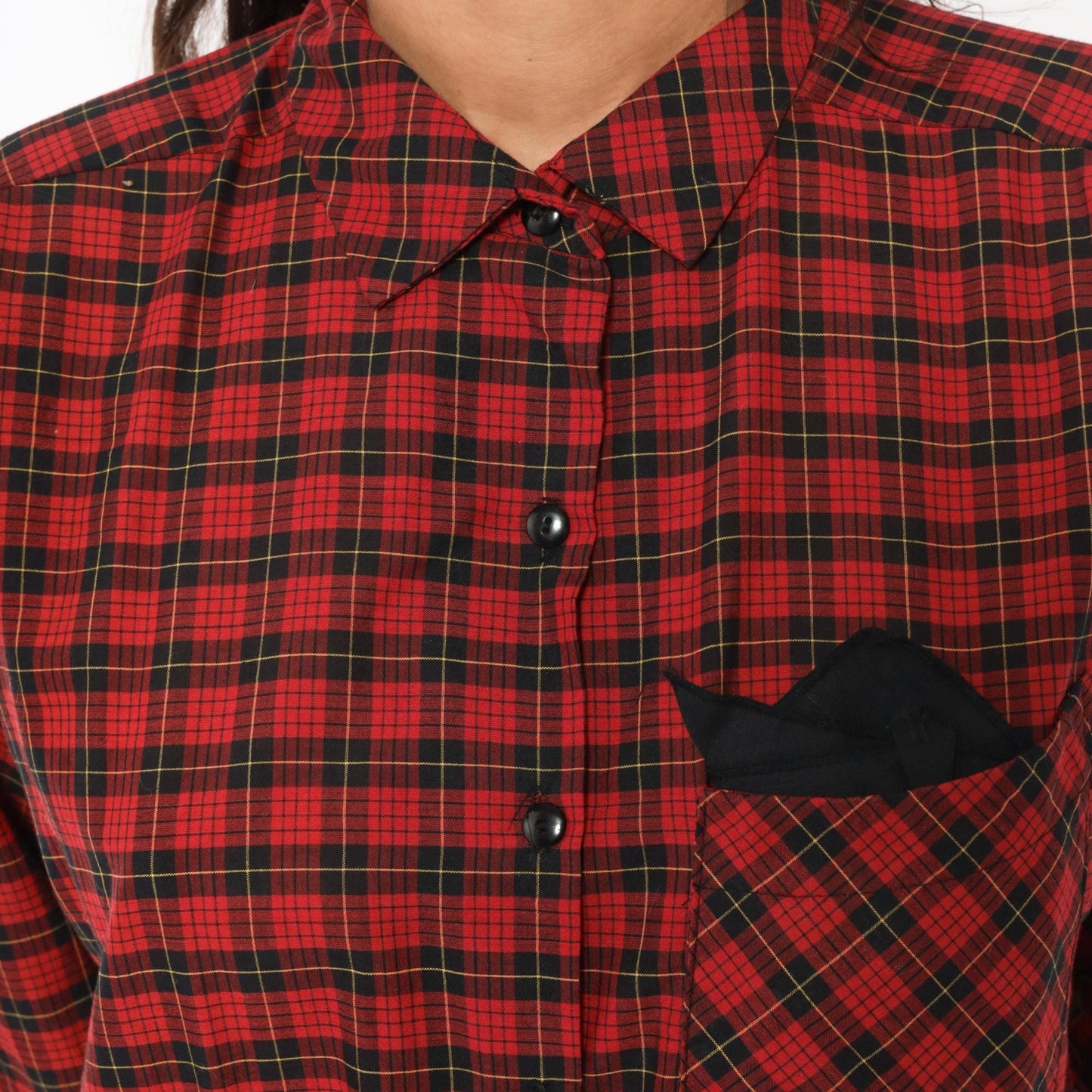 80s Alison Peters Plaid Shirtdress Red Black Tartan Midi Pleated Cotton Medium Large