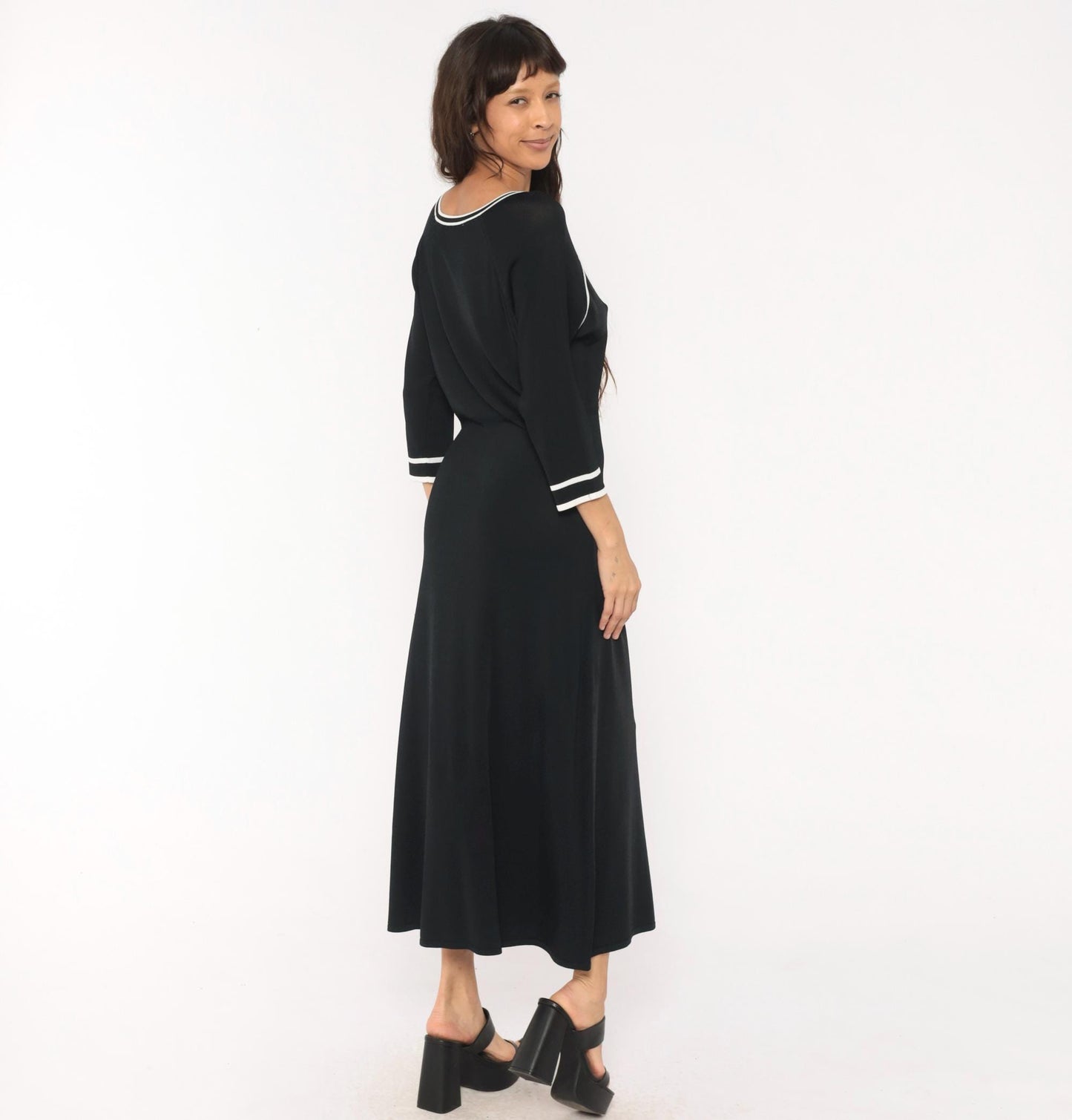 90s Norm Thompson Black Knit Maxi Dress Scoop Neck White Piping Small