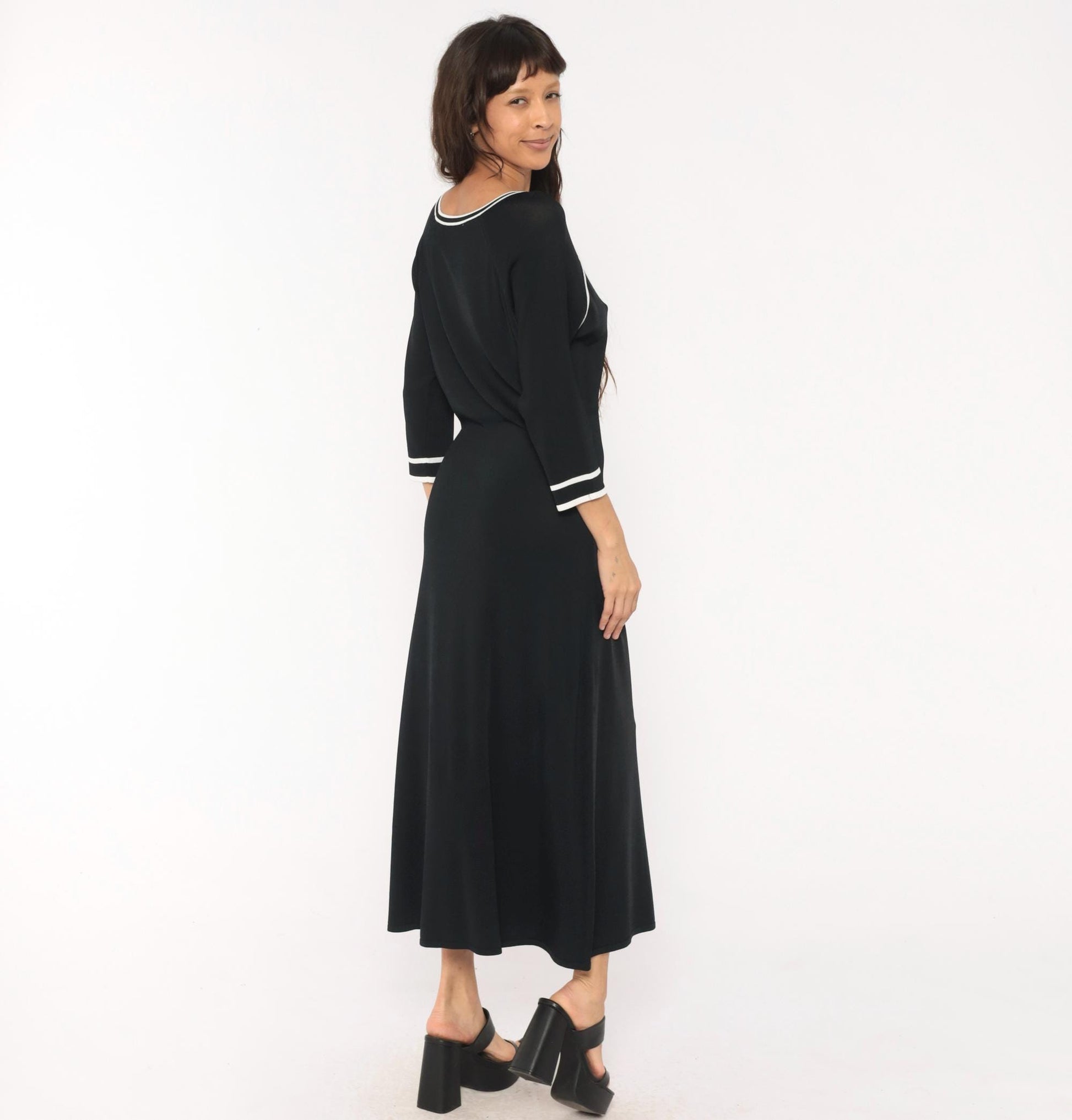 90s Norm Thompson Black Knit Maxi Dress Scoop Neck White Piping Small
